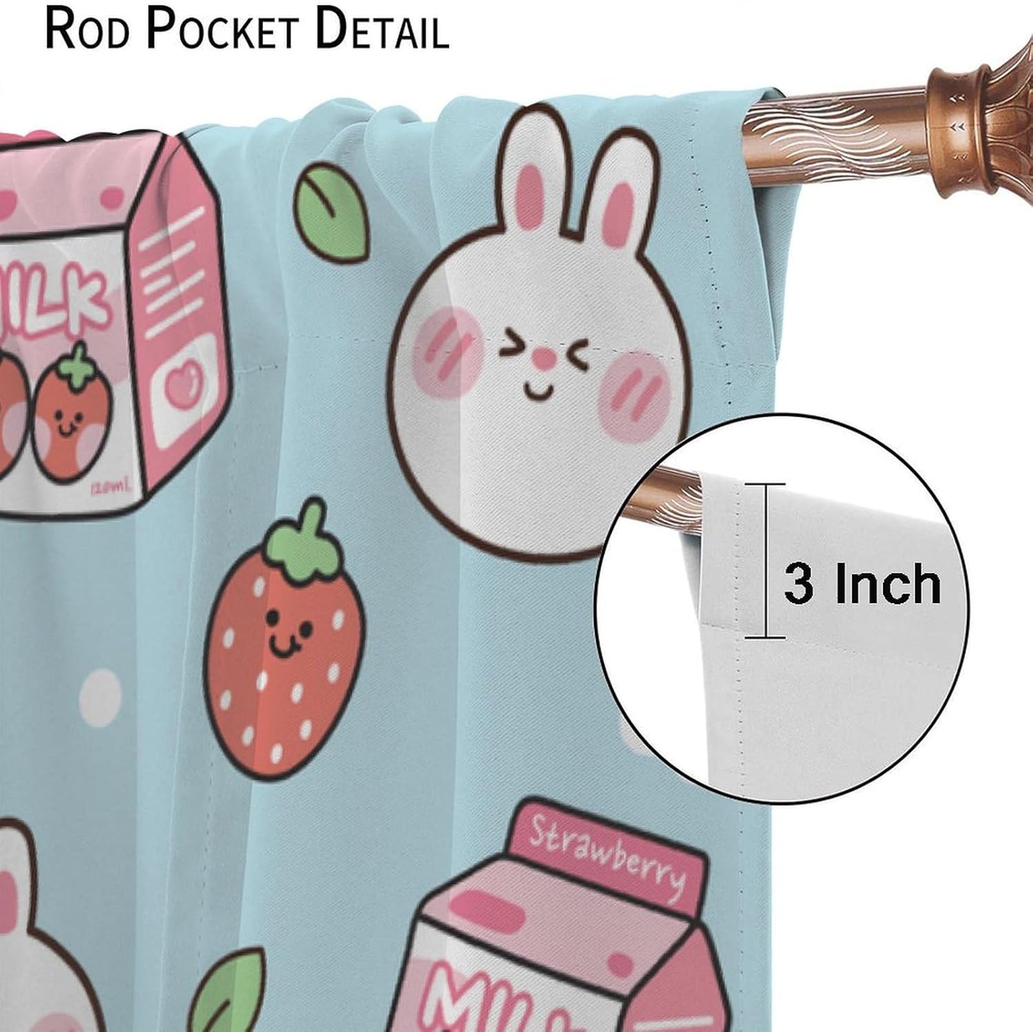 Bunny Curtain Cute Rabbit Strawberry Milk Flower Pattern for Kids Room Decoration Blackout Print Rod Pocket Window Drapes for Bedroom Living Room 63x72in
