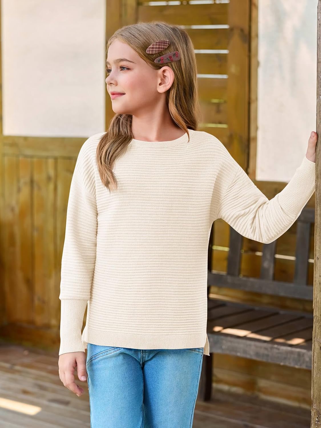 Haloumoning Girls Fall Sweater Kids Fashion Long Sleeve Ribbed Knit Split Pullover Tops 5-14Y - Image 3