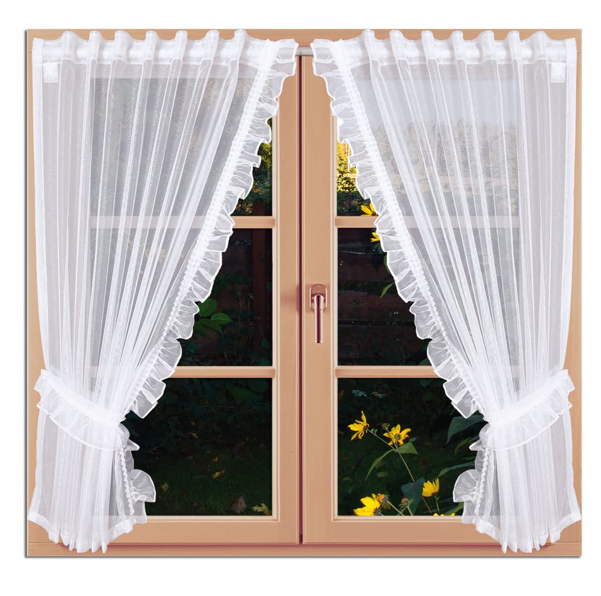 Dekoschals Manja Gardinen-Set 4-teilig Scheibenraffgardine mit Rüsche in weiß halbtransparent inklusive Raffhalter 100 x 100 cm