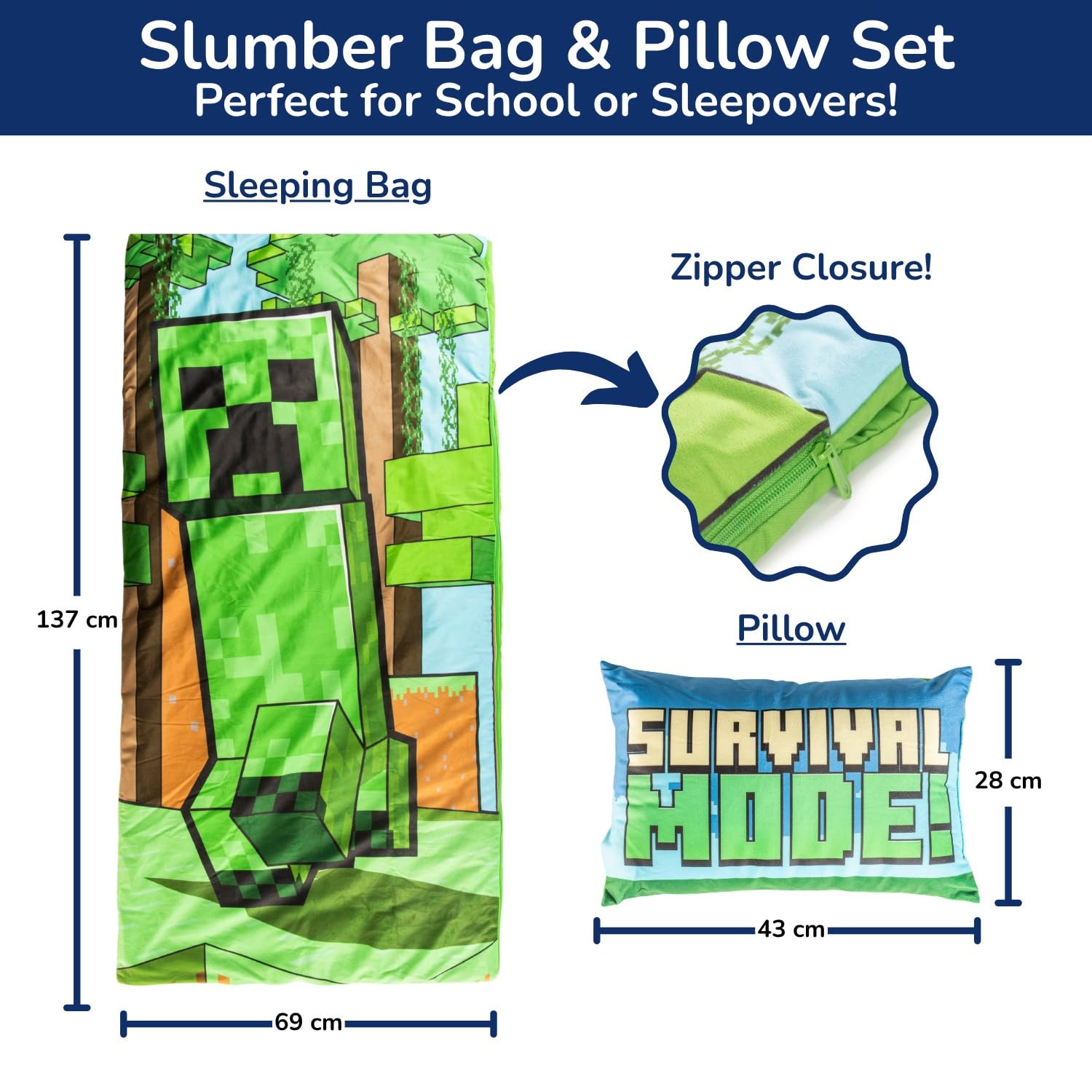 Minecraft Creeper śpiwór dziecięcy i zestaw poduszek – przytulny śpiwór wewnętrzny (137 x 61 cm) z uchwytem do noszenia i poduszką (43 x 28 cm), idealny na wycieczki szkolne i nocowanie, zestaw 2