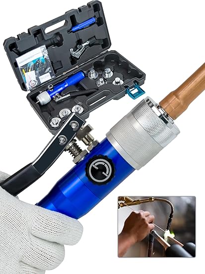 AMZCNC Hydraulic Tube Expander Compact Swaging Tool Kit with Tube Cutter, Deburring Tool and 7 Expander Heads for 3/8 to 1-1/8 Inches Copper Pipes HVAC Expander Tools (3/8?~1-1/8?)