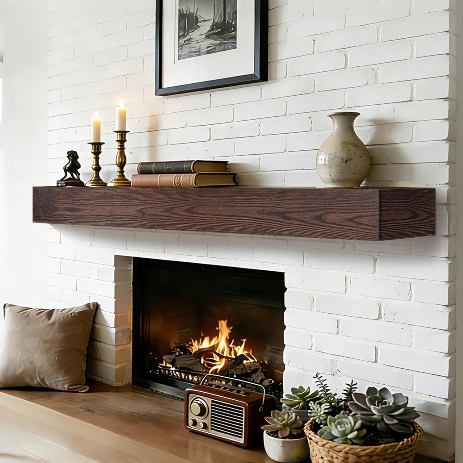 Fireplace Mantel 60 inch - Rustic Solid Wood Mantel, Wall-Mounted Mantel Shelves, Decorative Mantels, Rustic Floating Mantels Shelves, Black Walnut Color