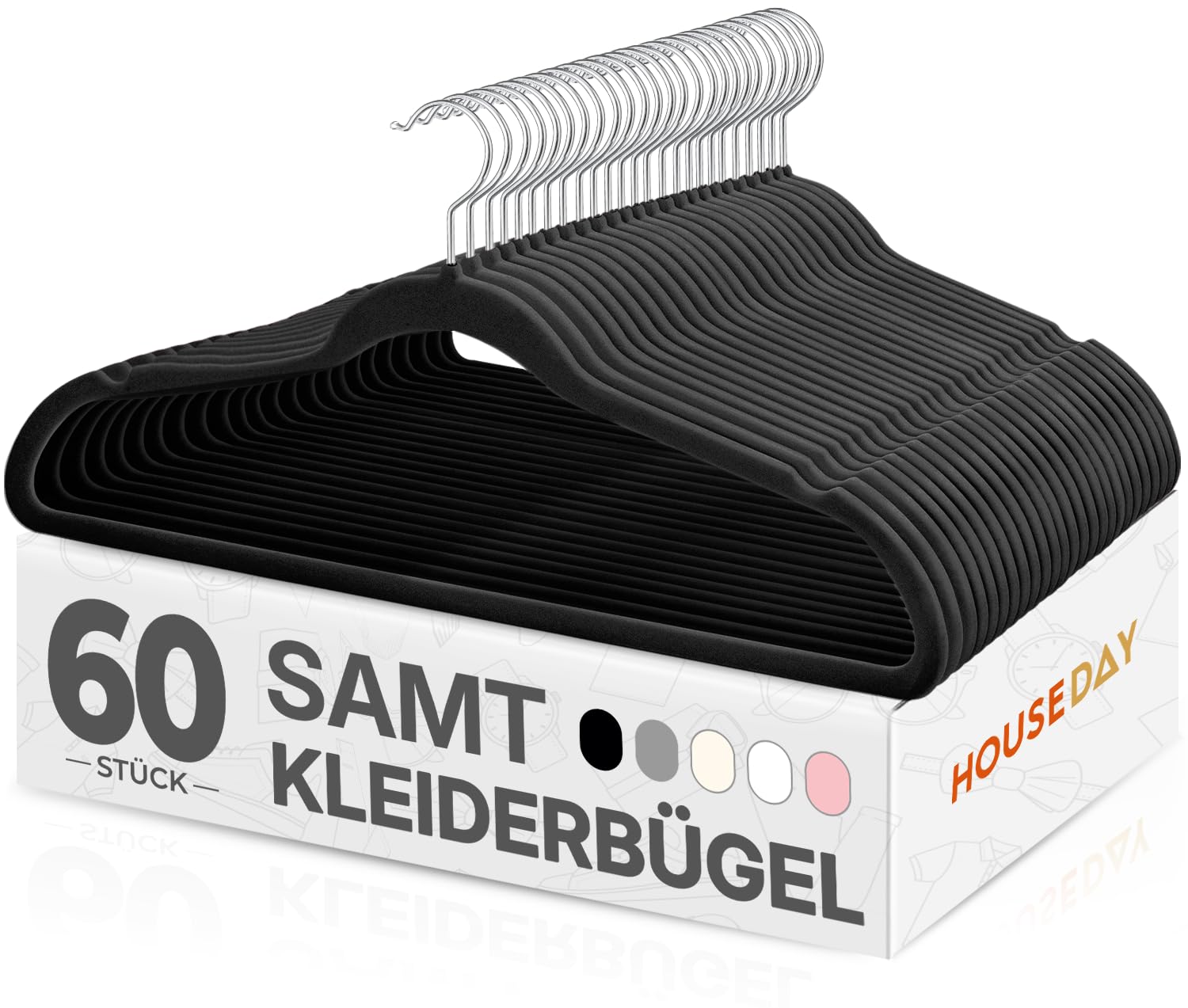 HOUSE DAY Kleiderbügel Samt 60 Stück, Kleiderbügel Platzsparend Filz Bügel - Rutschfester, Premium Schwarzer Anzugbügel, 360° Drehbarer Haken, Schwarz