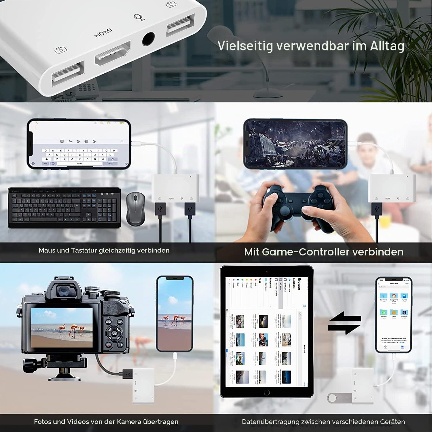 Lightning auf HDMI Adapter für iPhone/iPad auf TV, Dual USB OTG Adapter mit Mikrofoneingang für Live-Streaming, MIDI-Tastatur, Maus, HD-TV/Projektor/Monitor kompatibel (Weiß)