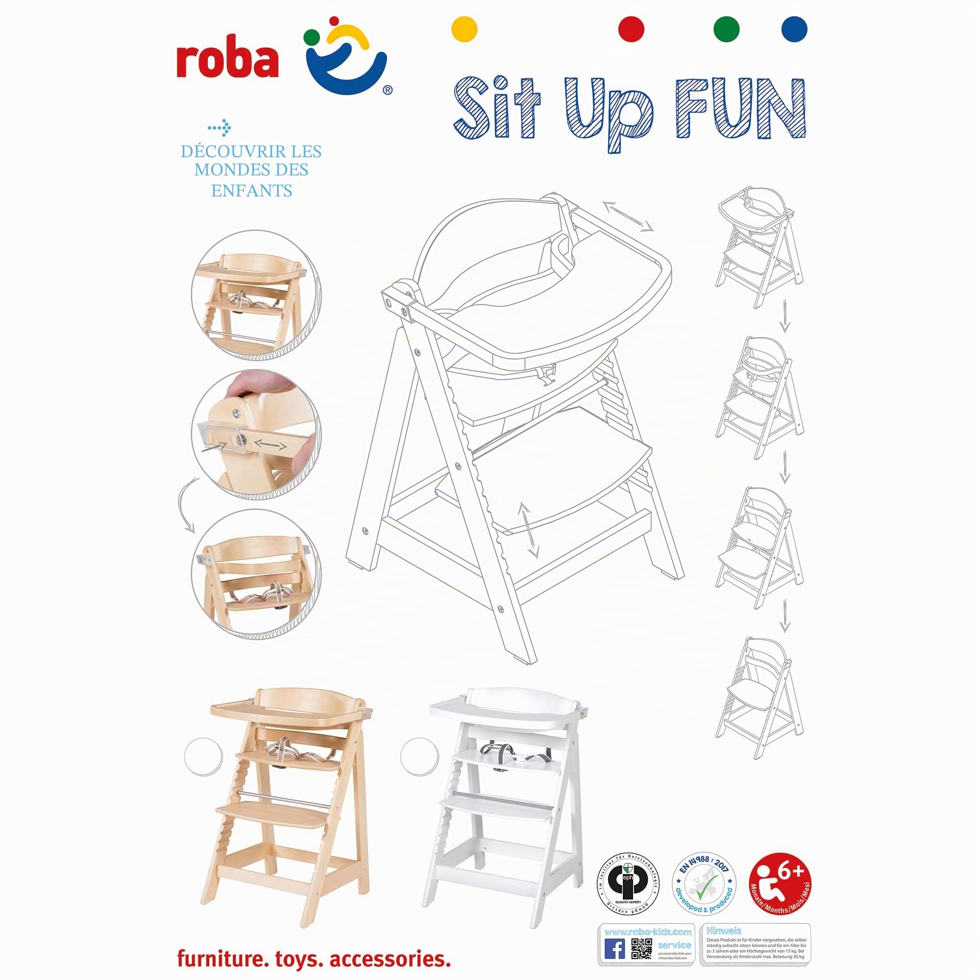 roba Chaise Haute Évolutive en Bois Sit Up Fun + Plateau Repas Détachable en un Seul Clic - Hauteur Réglable - 6 Mois jusqu'à 70 kg - Naturel