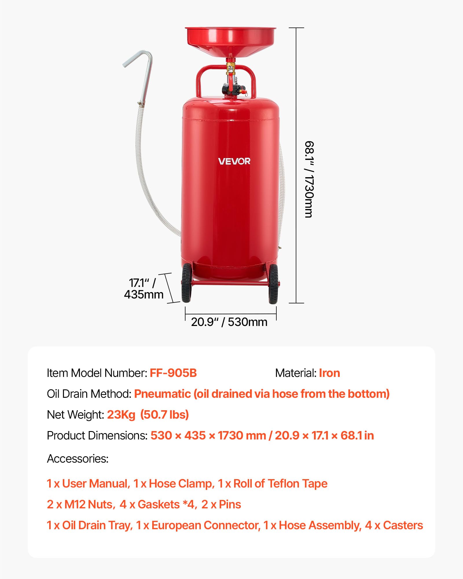 VEVOR Tanque de Drenaje de Aceite Usado, Drenaje de Aceite Portátil Neumático de 95 L con Embudo Ajustable y Ruedas, Drenador de Combustible Líquido para Taller de Reparación de Automóviles, Rojo