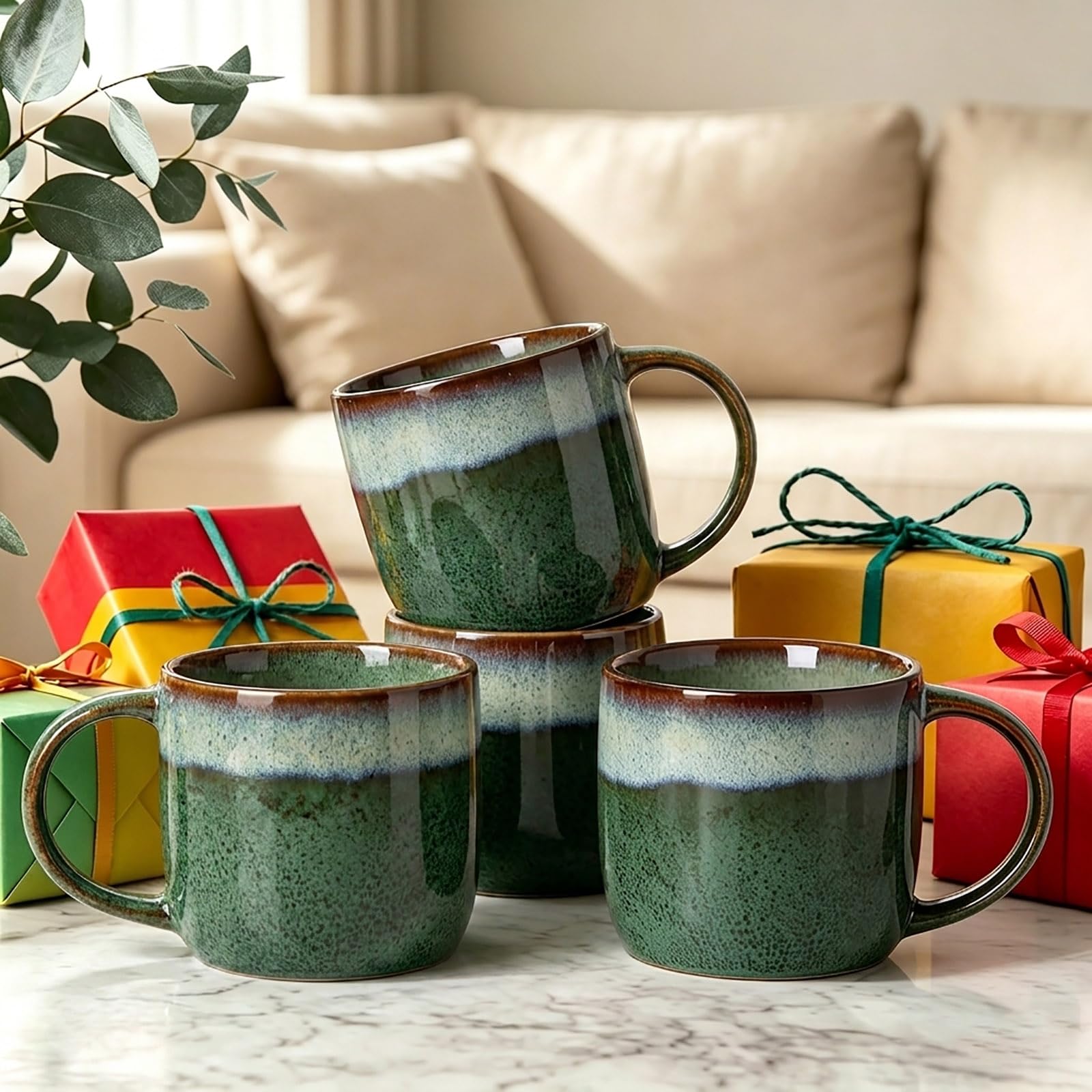 Juego de 4 tazas de café expreso de cerámica de 325 ml, aptas para lavavajillas y microondas, tazas de café expreso de 330 ml, tazas Demitasse esmaltadas especiales, tazas de gres con diseño graduado