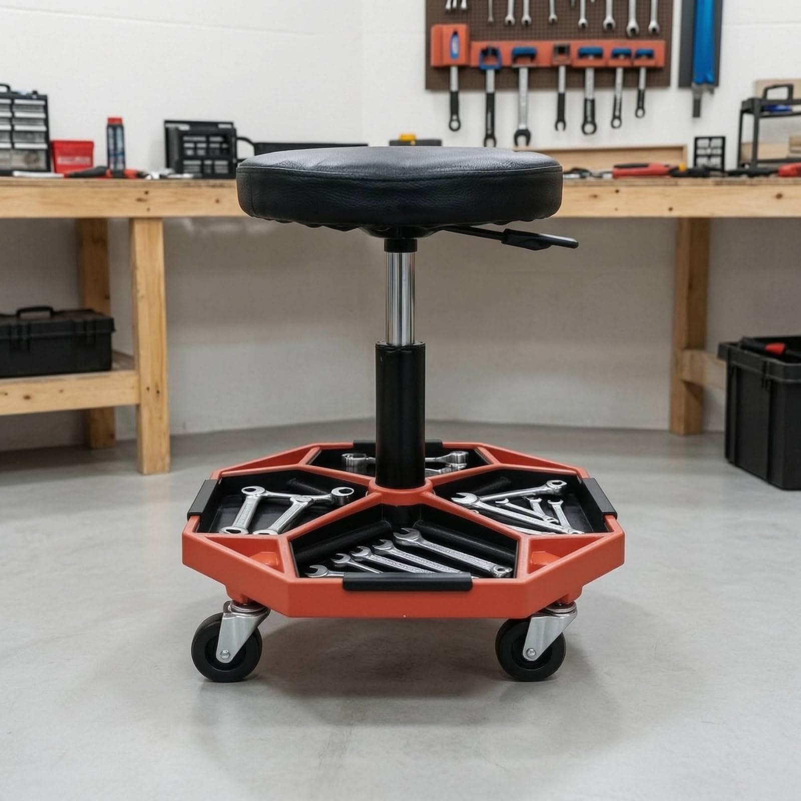 Baoblaze Sgabello da Officina con Ruote Regolabile Sedia da Officina Sgabello Girevole Seduta Imbottita Altezza Regolabile E Vassoio per Attrezzi Integrato Adatto a Officina Garagutenzione Meccanica