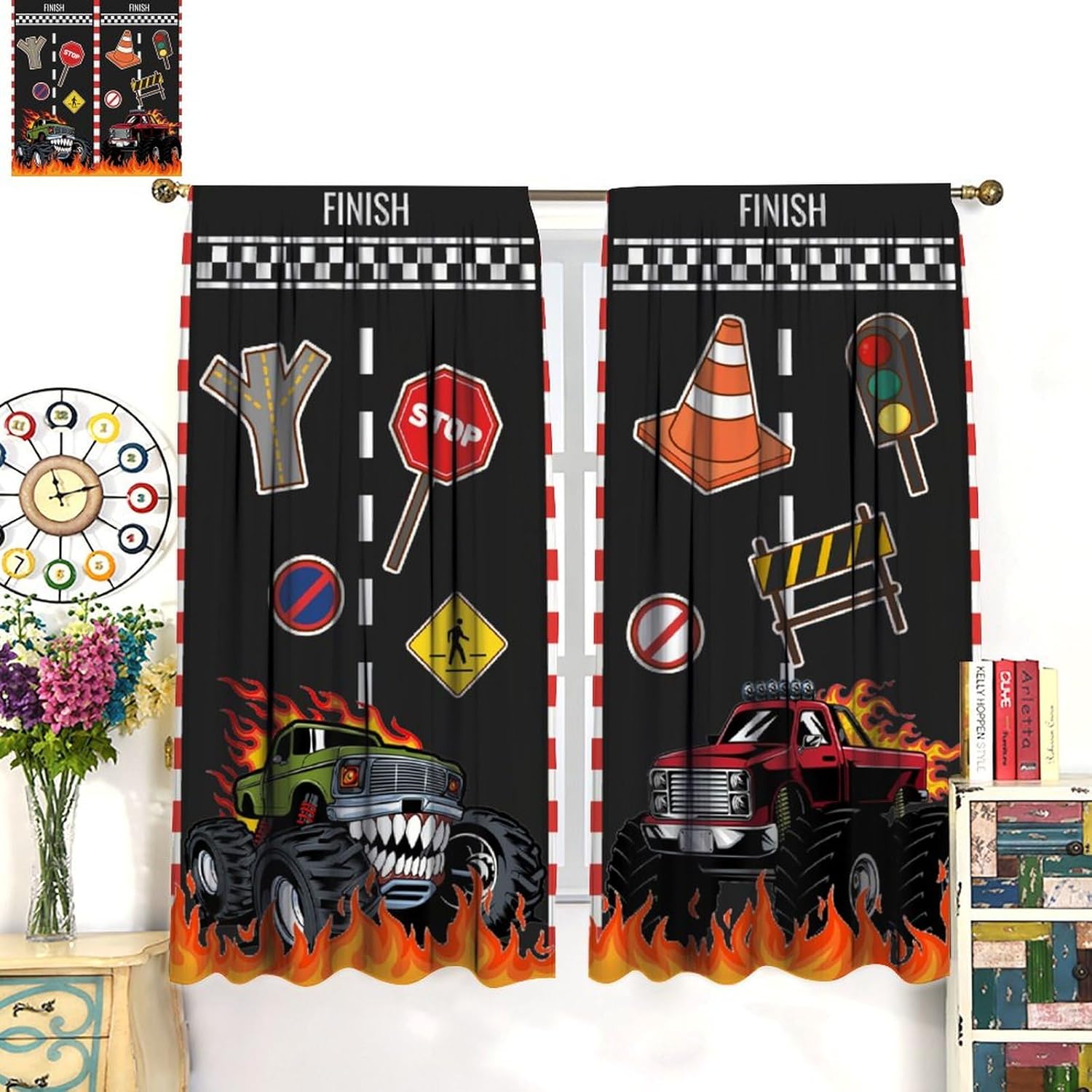 Cartoon Truck Curtains for Kids Room,Car Race Flag Red Flame Monster Truck Printed Rod Blackout Window Treatments for Boys Bedroom Playroom Nursery 42" W X 54" L