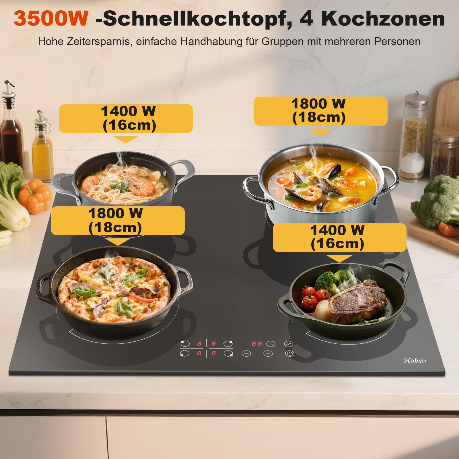 Hobsir Induktionskochfeld 4 Zonen Autark 60cm 3500W Touch-Bedienung Sicherheitsschloss Timer