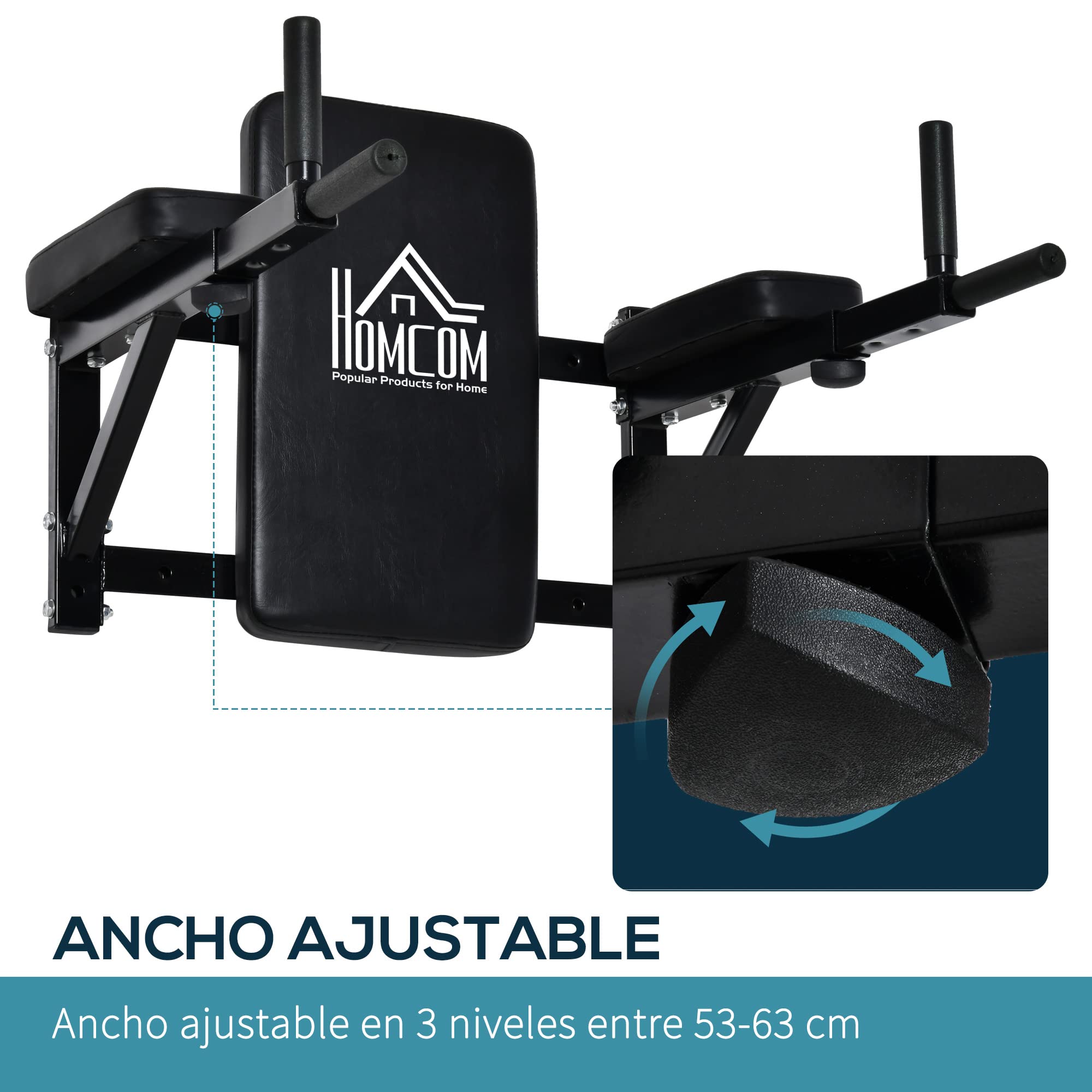 HOMCOM Barra de Musculación Ajustable para Pared con Brazos Regulables para hacer Dominadas Flexiones en Casa 70x53-63x48 cm Negro