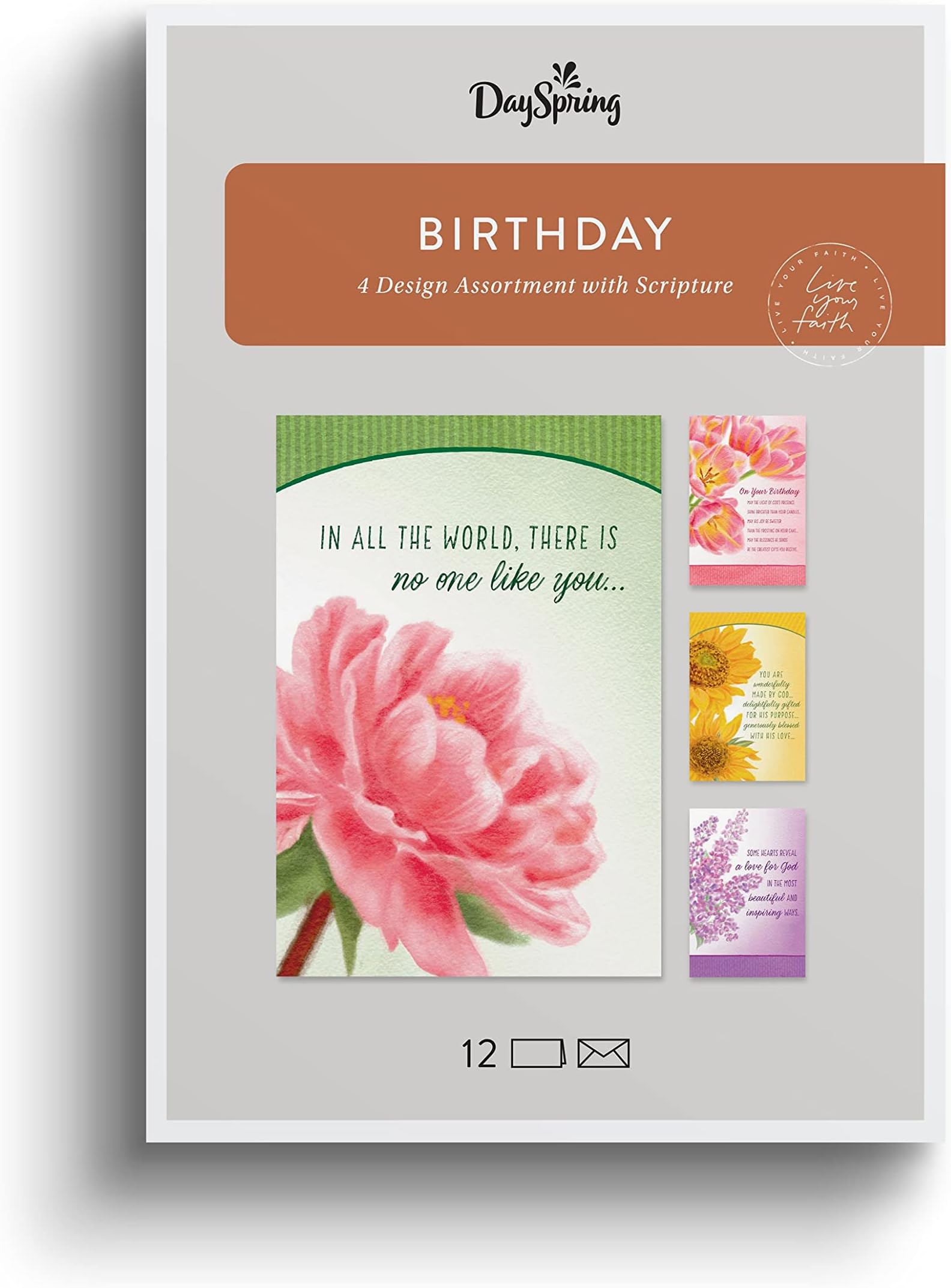 There is No One Like You - 4 Floral Birthday Cards Assortment with Writing - 12 Birthday Cards & Envelopes (U1199)