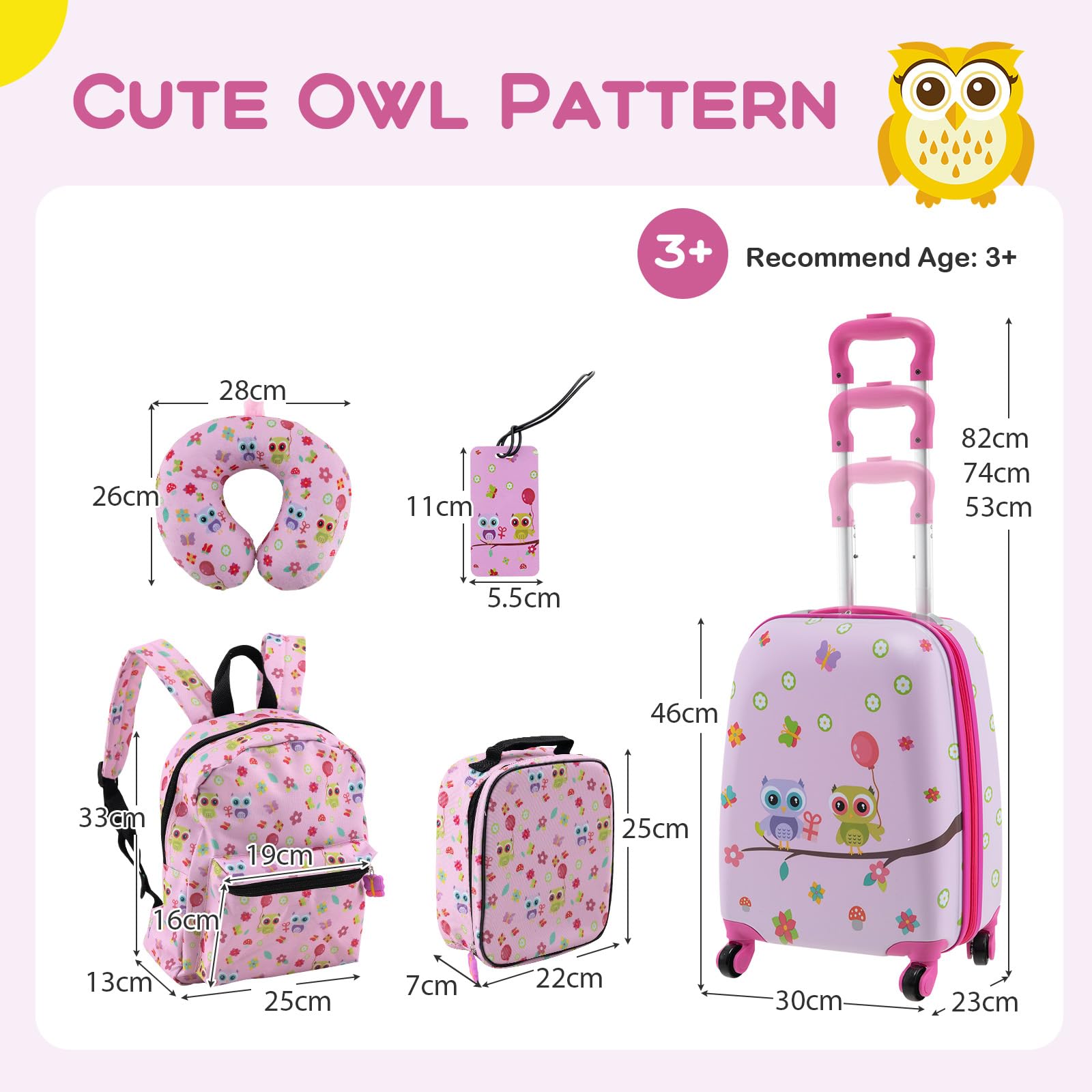 SOARS Set di 5 Pezzi Valigia 16’’ + Zaino 13’’ per Bambini, Bagagli 5-in-1 con Cuscino per Collo, Borsetta da Pranzo e Etichetta, Trolley con Maniglia Telescopica e Ruote Universali (Rosa Gufo)