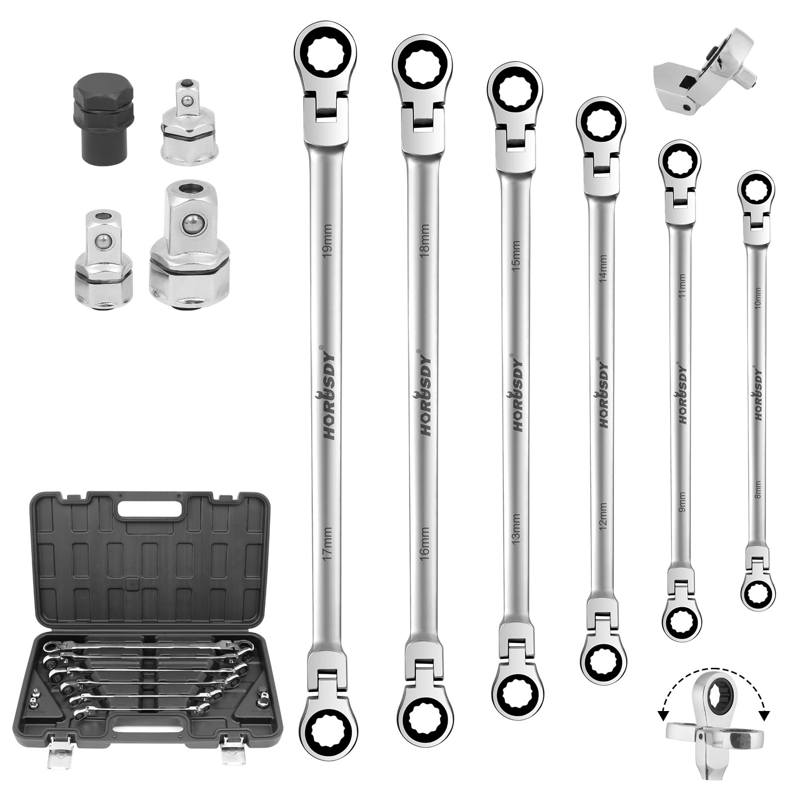 HORUSDY 10-Piece Extra Long Flex-Head Ratcheting Wrench Set - Metric 8-19mm With Adapters
