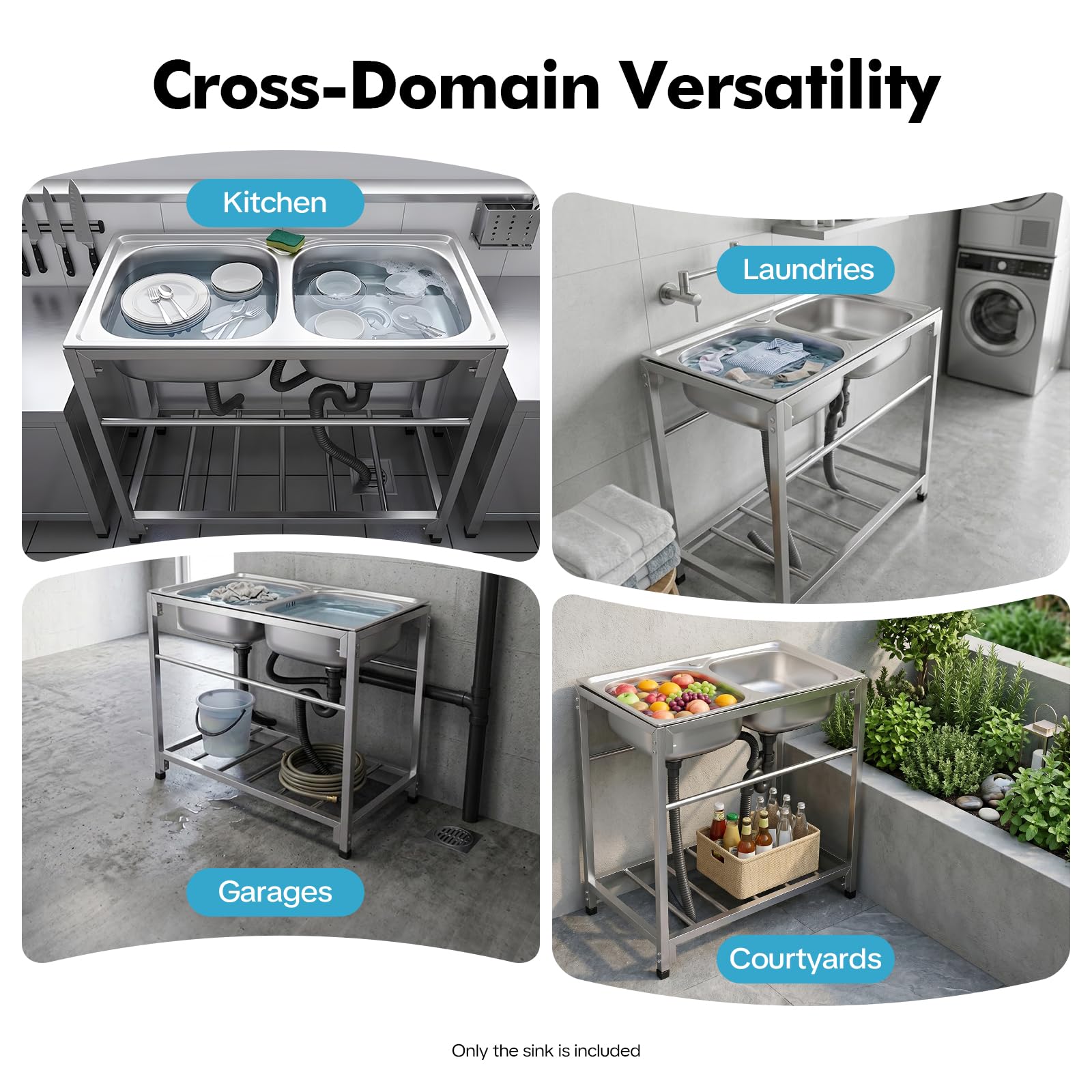Lavello autoportante per esterni, in acciaio inox, 2 vasche, portata 75 kg, doppia vasca, lavello da cucina commerciale con beccuccio, lavello per ristorazione, per negozi e garage, 83,1 x 43,9 x 77