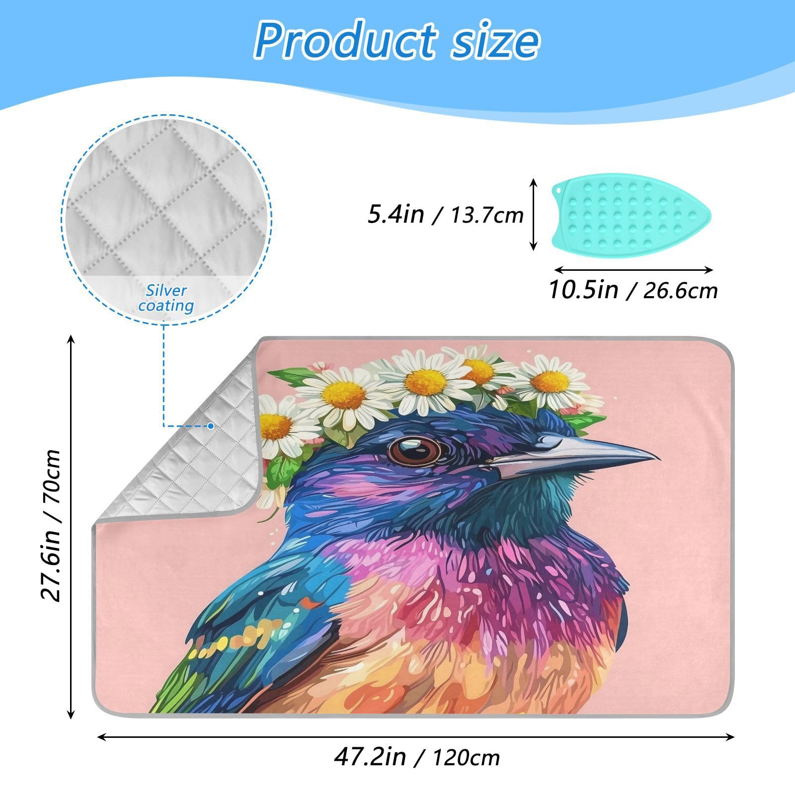 pnyoin Portable Ironing Mat Daisies and Little Birds Travel Ironing Pad with Silicone Iron Rest for Steam Pressing on Tabletop or Bed Heat Resistant Portable Quilting & Travel Blanket