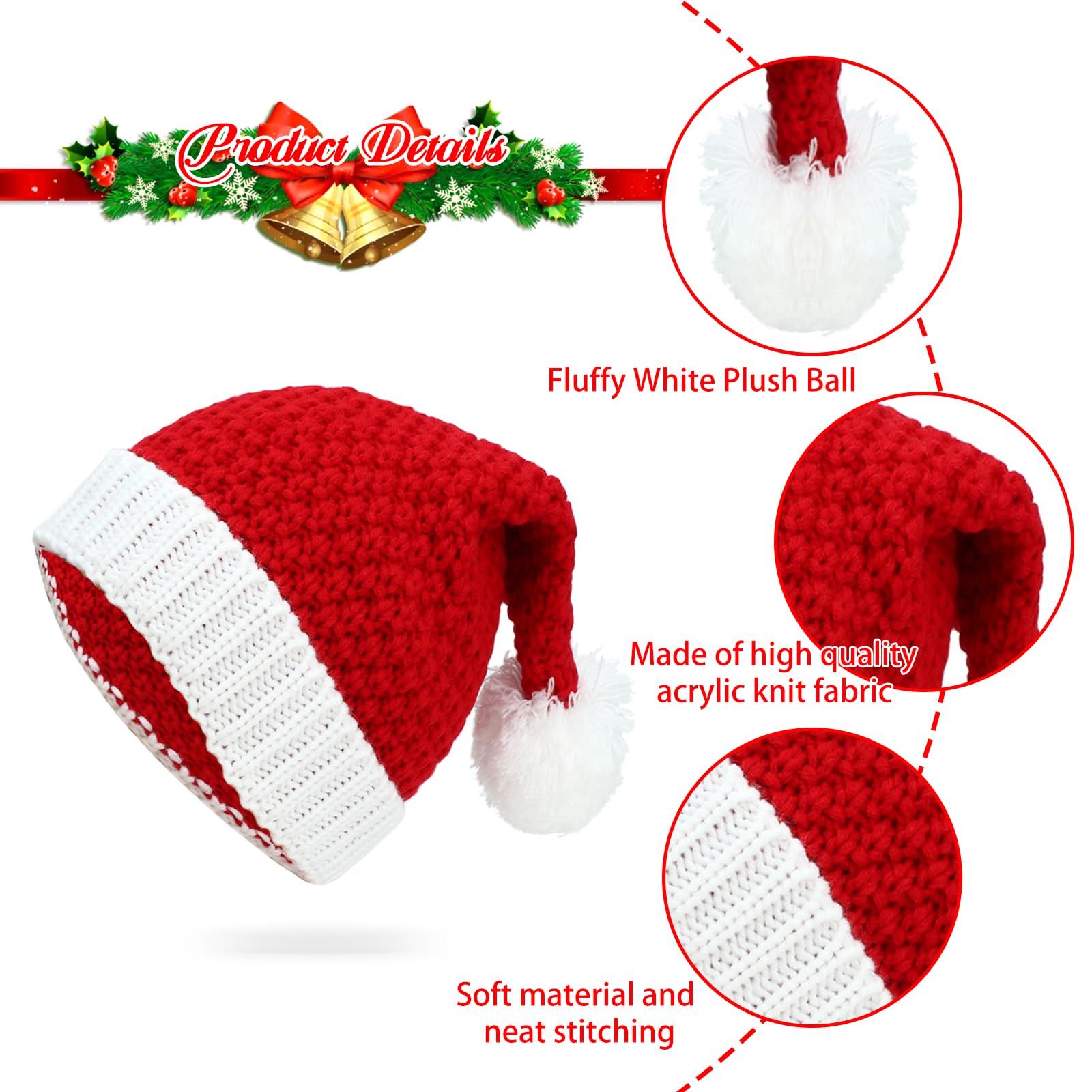 Qixuer 2 Pcs Knitted Christmas Hats,Santa Hat,Christmas Hat for Adults and Children,Red Santa Hat Elastic Soft Unisex Christmas Elf Knitted Hat Winter Warm Hat with for Kids Adult Christmas Party - Image 3