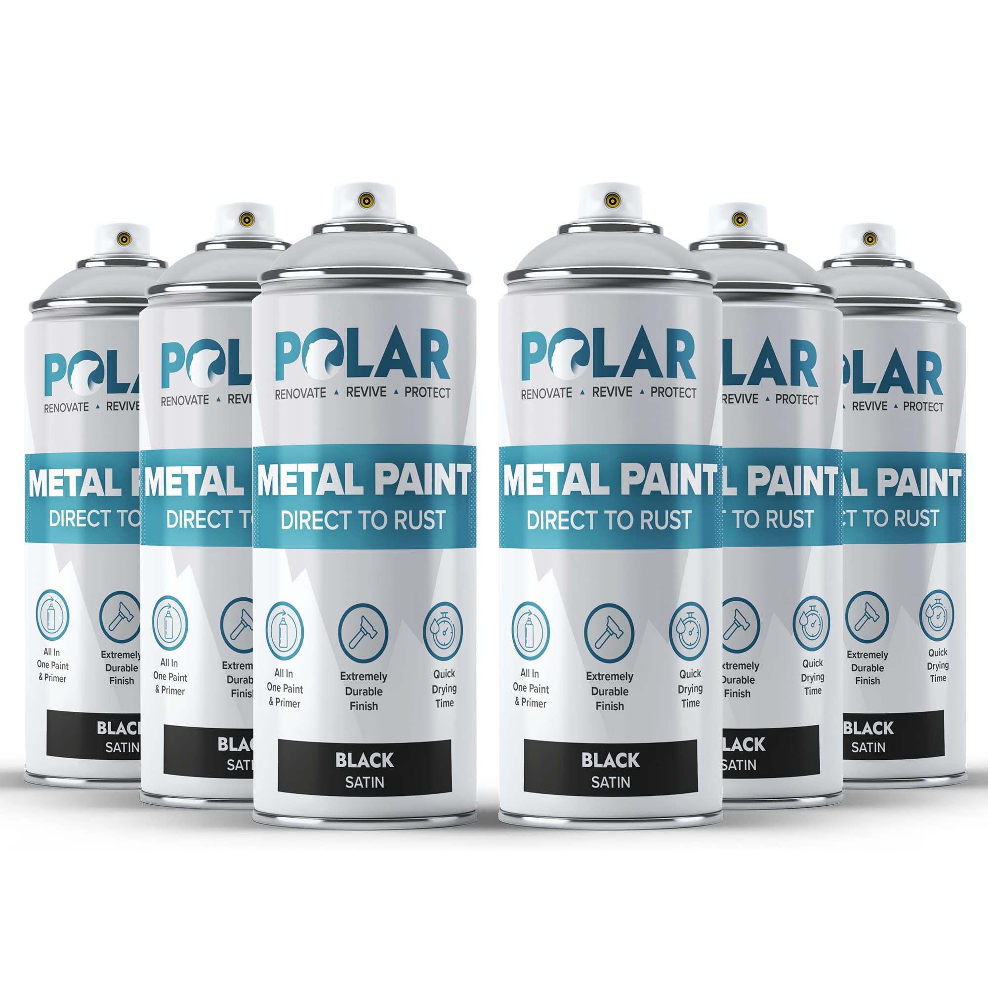 Polar Metal Spray Paint - 6 x 13.5 Fl oz | Satin Black | Protect and Stop Rust & Corrosion | Primer, Undercoat, Topcoat for Interior & Exterior Use | Black Spray Paint for Metal, Wood & Plastic