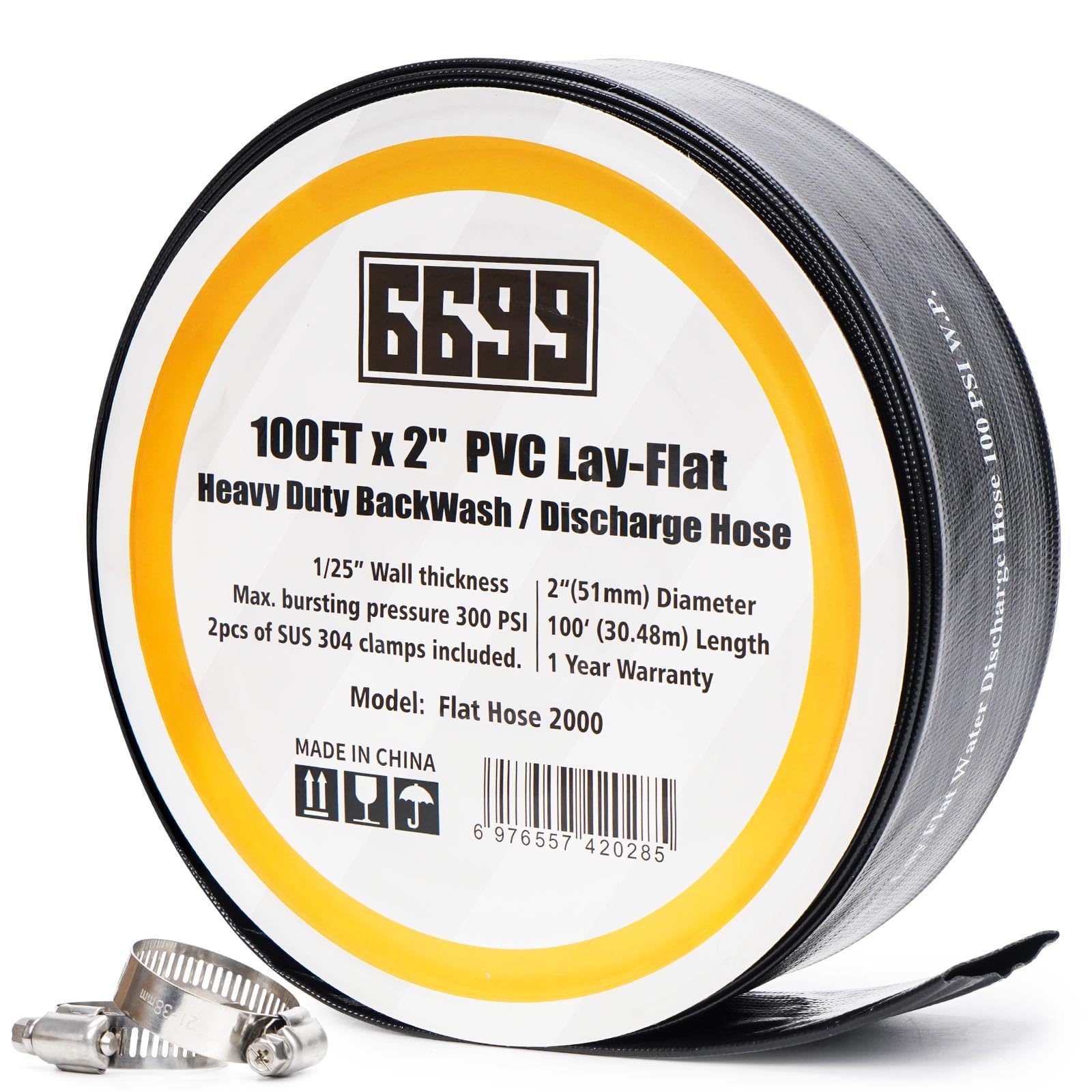 Discharge Hose 2 Inch by 100 Foot Sump Pump Hose with SUS 304 Clamps