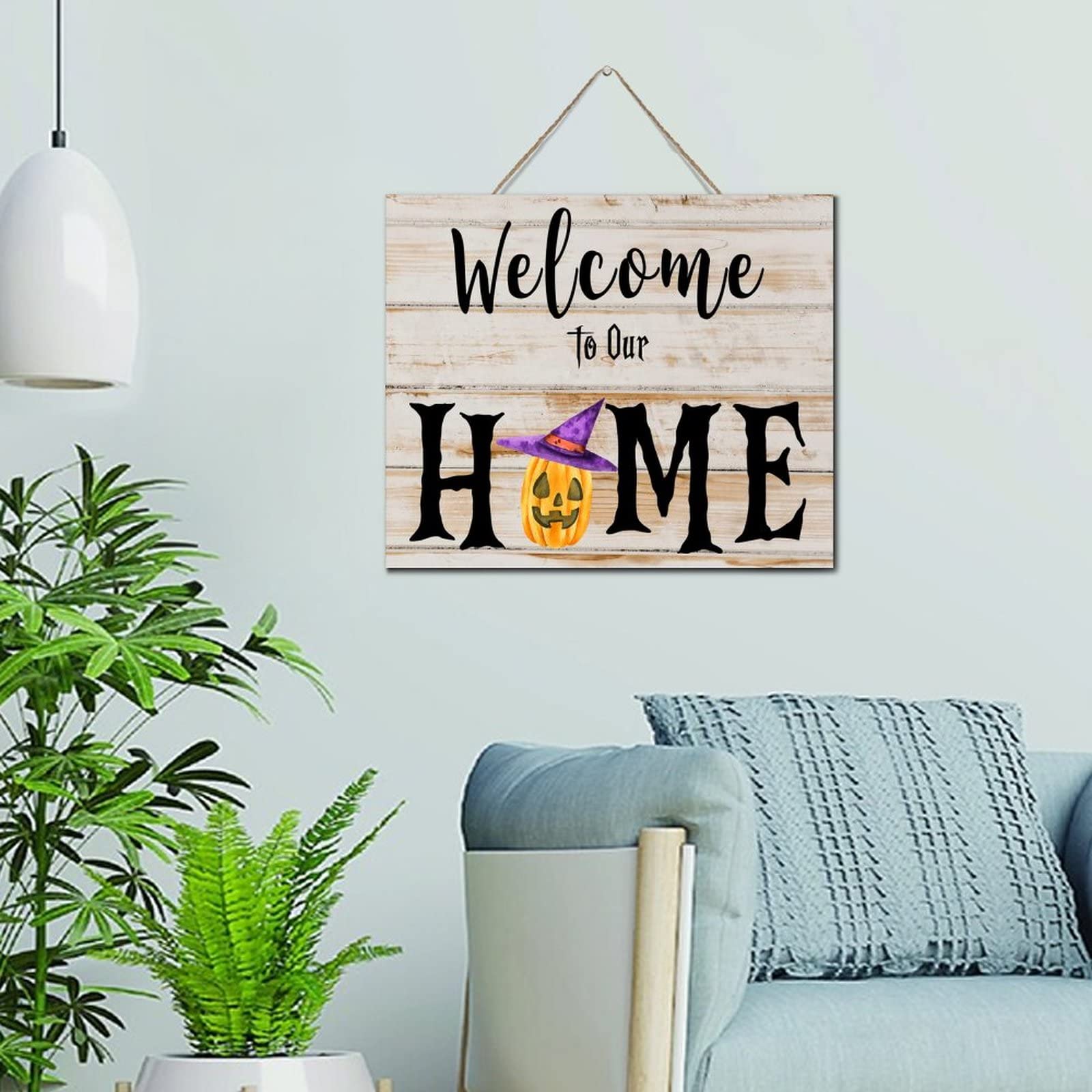 Panneau en bois Welcome vintage citrouille et fantôme mignon 25x30 cm