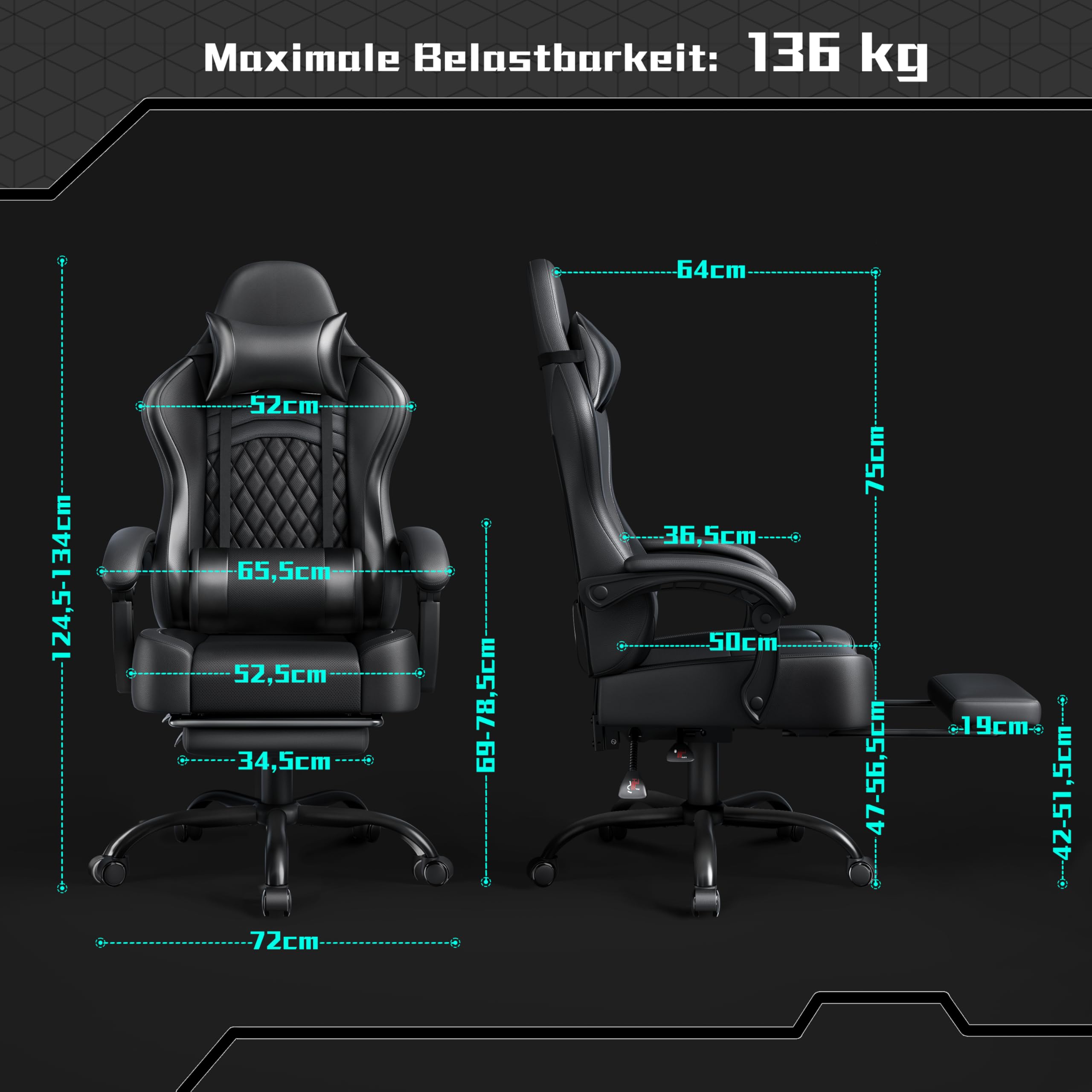 Yaheetech Gaming Stuhl, Ergonomischer Gaming-Stuhl mit Massagefunktion & Ausziehbarer Fußstütze, Verstellbare Rückenlehne, Höhenverstellbar, PC-Stuhl Computerstuhl Drehsessel (Schwarz)