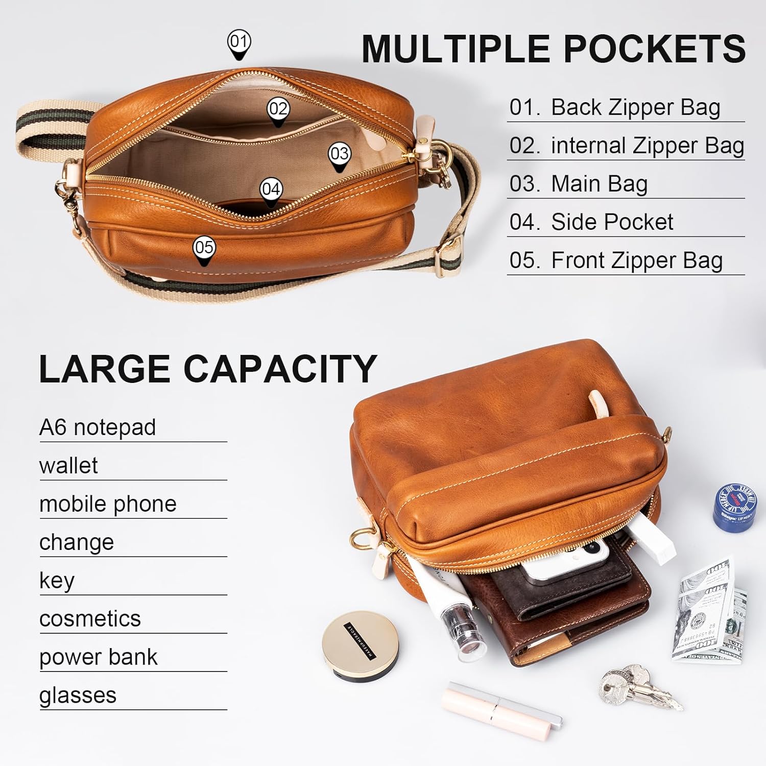 full-grain leather Crossbody Bag. Vintage unisex crossbody with brass hardware, multiple pockets for work & travel. - Image 5