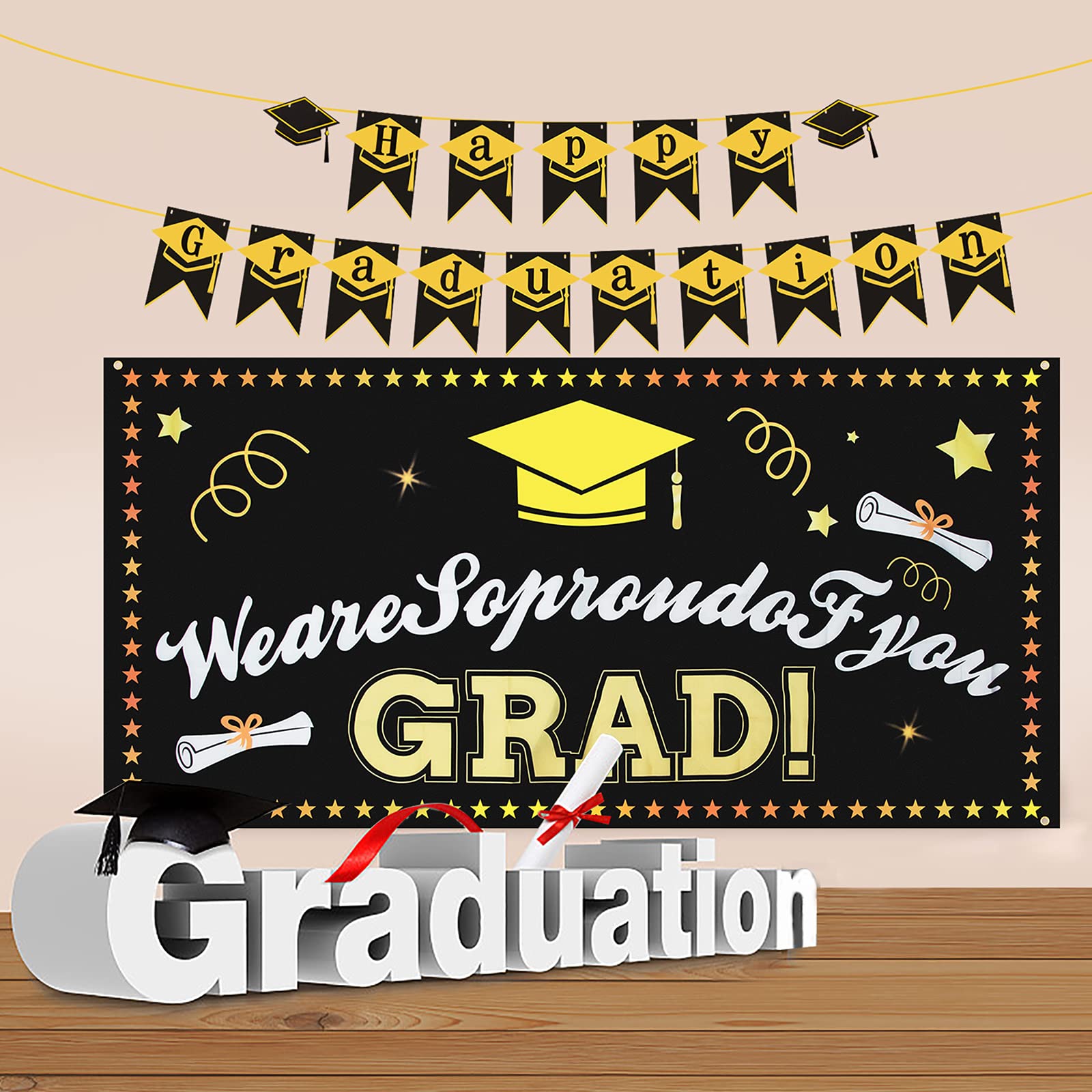 FloraSea Graduation Banner,Decorations Banner 2021 and Gold Happy Graduation Banner Congratulations Grad Backdrop Congrats Photo Banner Graduation Party Theme Decoration DIY Kit Set