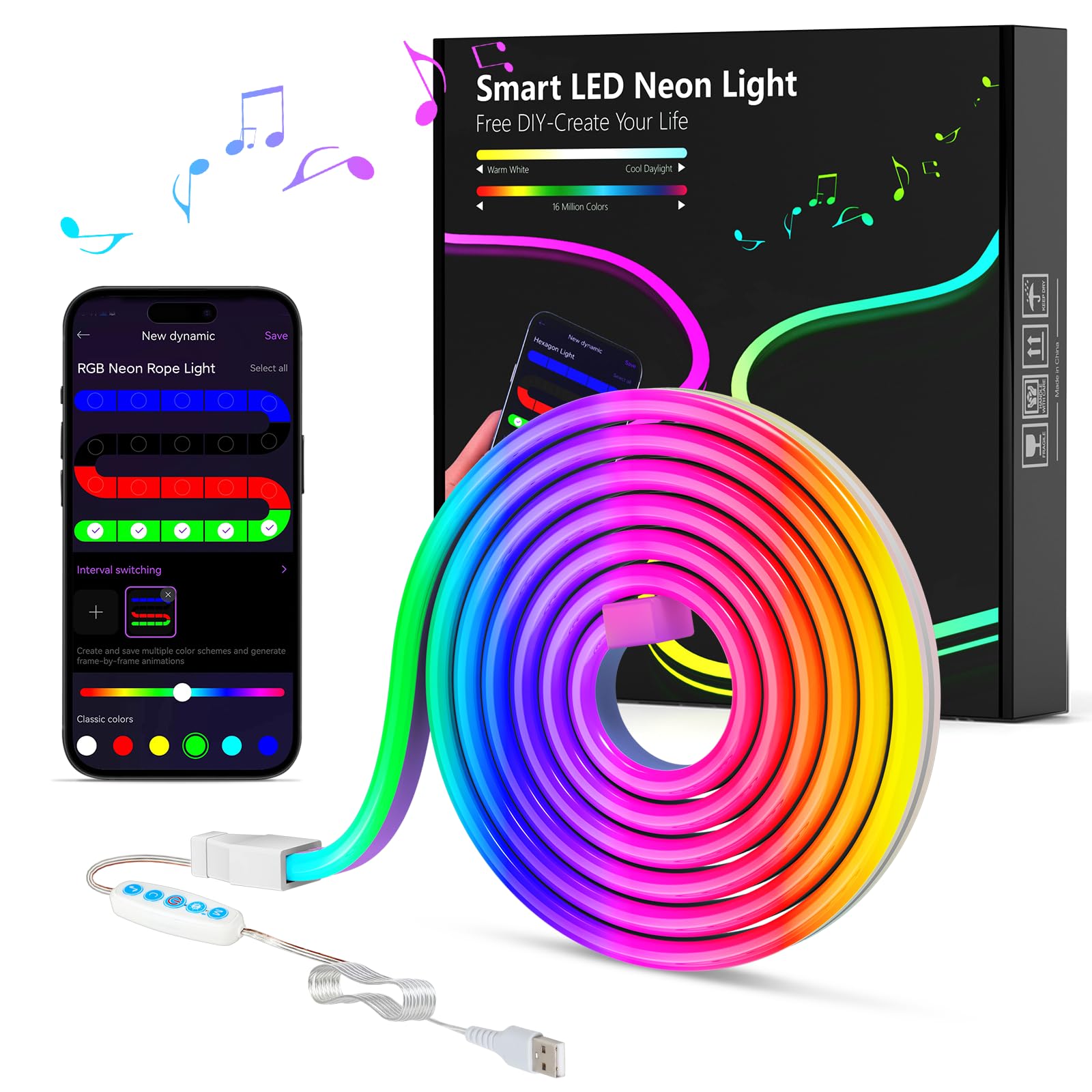 MeRGBW-Home 1m Neon LED Strip, RGB LED Band Neon Seil Lampe, 5V Flexible Neon LED Streifen mit App-Steuerung, DIY-Formen, Musik Sync, LED Lichtband für Wohnzimmer, Schlafzimmer, Wand, Gaming Deko