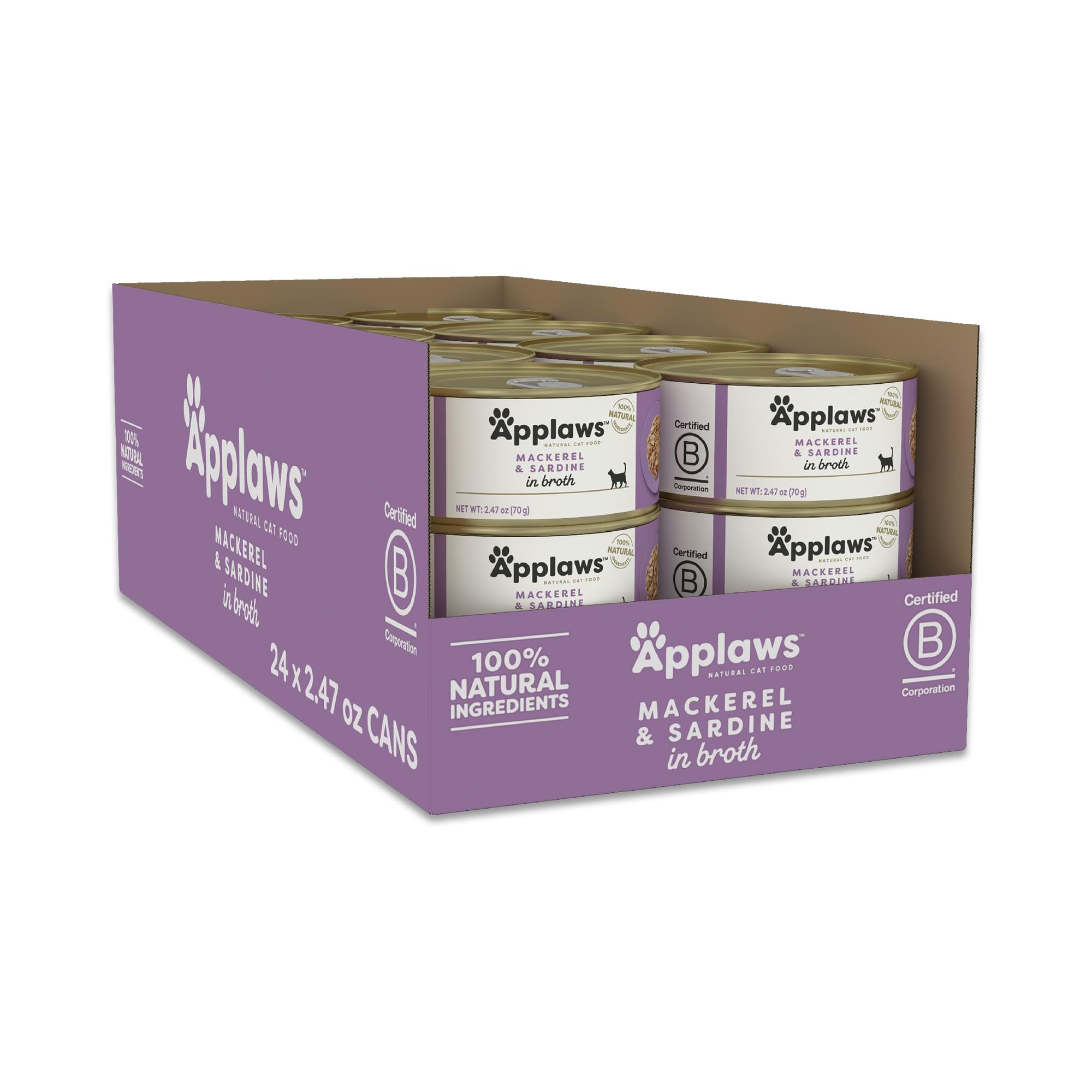 Applaws Natural Wet Canned Cat Food, Limited and Natural Ingredients, High Protein with No Artificial Additives, Mackerel & Sardine in Broth (24 x