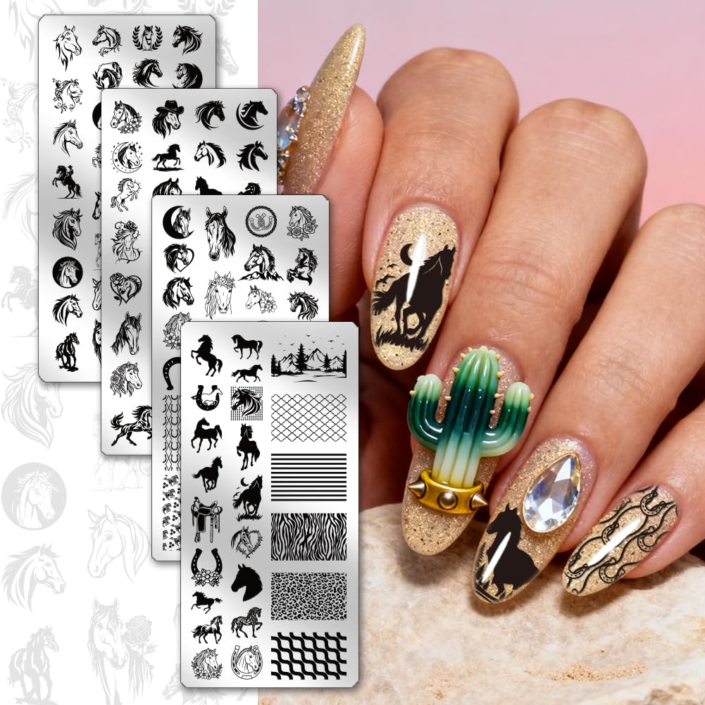 PH PandaHall 4 piastre per stampaggio unghie cavallo corsa modello nail art animali unghie arti stencil ferri di cavallo manicure design timbro unghie piastre immagine per donne manicure fai da te