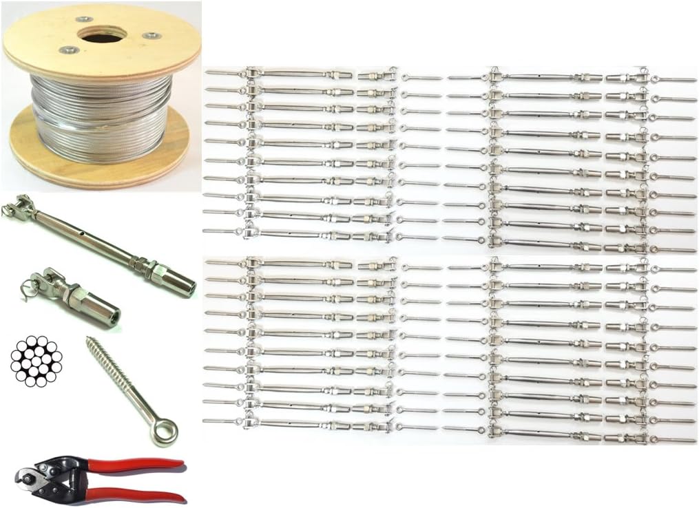 1/8 Cable Railing Kit 36".Stainless Steel 316 Cable 1/8 1*19 500 ft,Tensioner Quick Installation Stainless Steel 316 40-Pack,Welded Fork Swageless 40-Pack,Eye Terminal With Wood Screw 80-Pack 1 Cutter