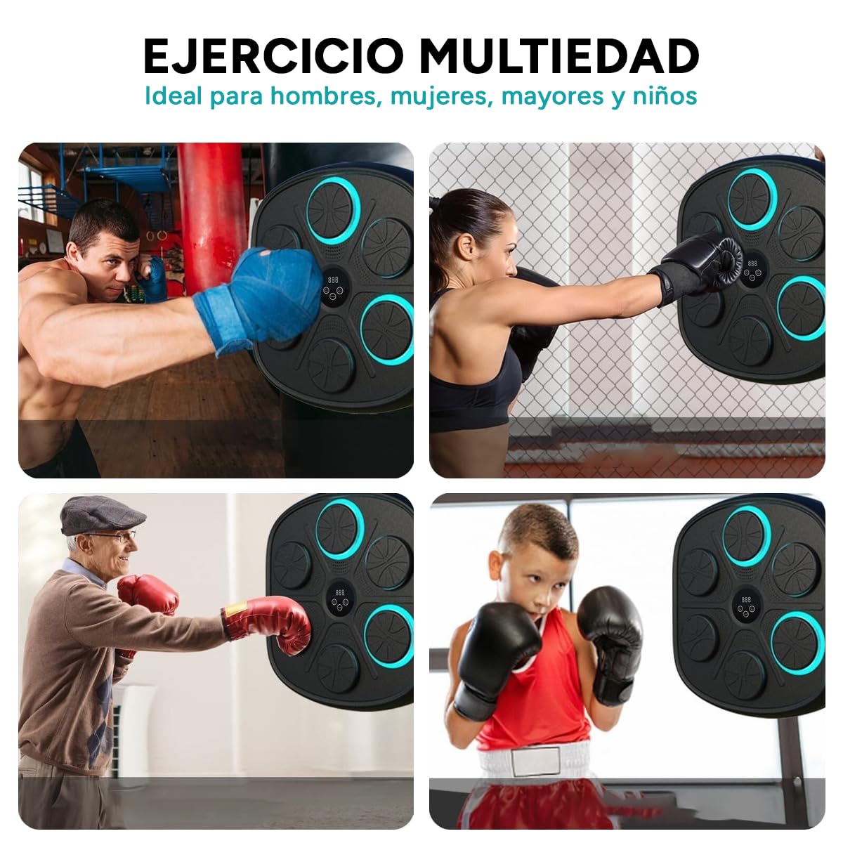 Maquina Boxeo Musical Pared 9 Velocidades, Fácil Instalación Sin Taladros, Conexión Bluetooth, Recuento de Golpes, Luces al Ritmo de la Música, Incluye Guantes