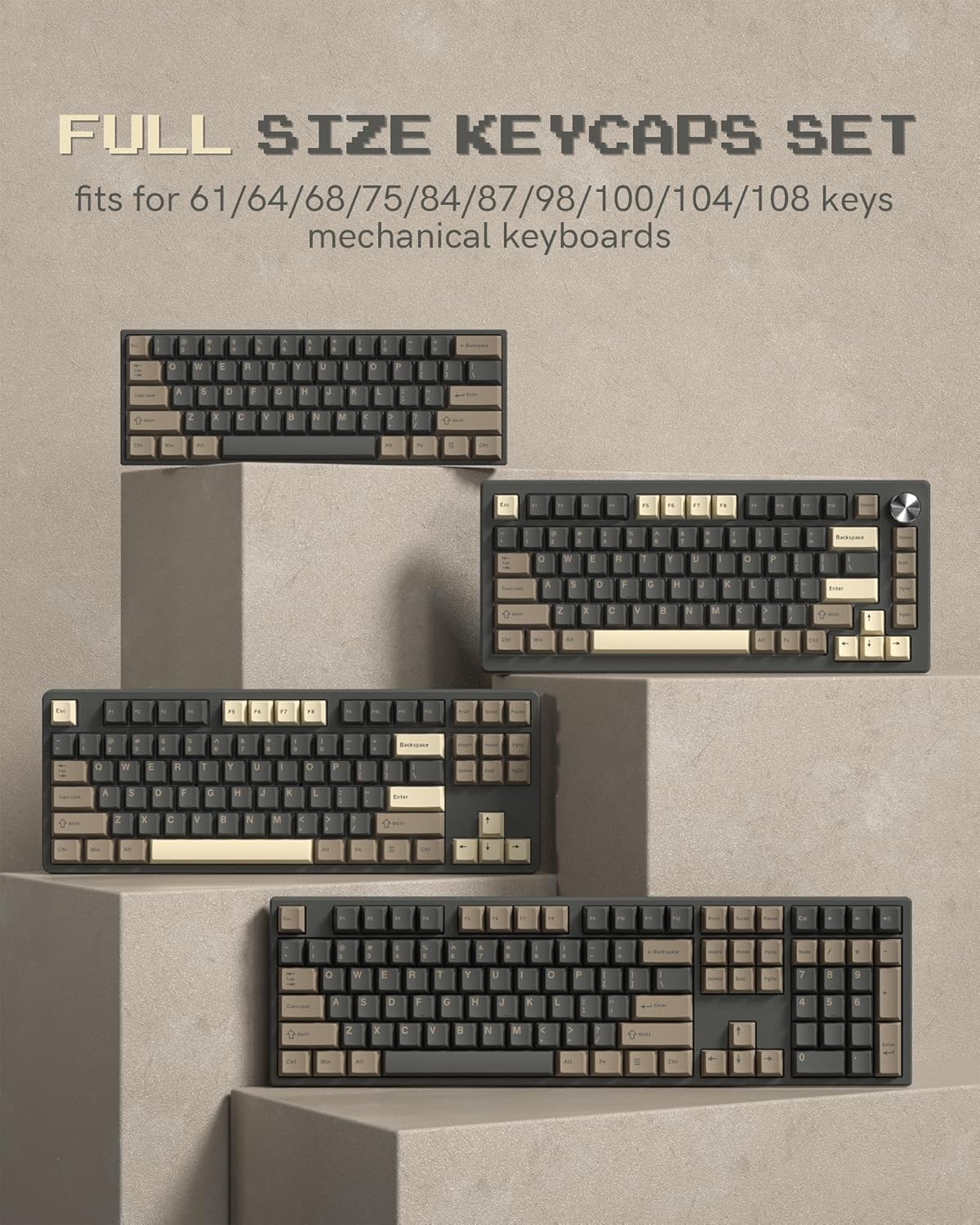 Keycaps 138 Double Shot, Cherry PBT Capuchons de Touches de Sublimation Colorant ANSI US 60 65 75 100% pour 61/64/68/84/87/100/104/108 Clavier mécanique de Jeu rétro, Marron/Gris
