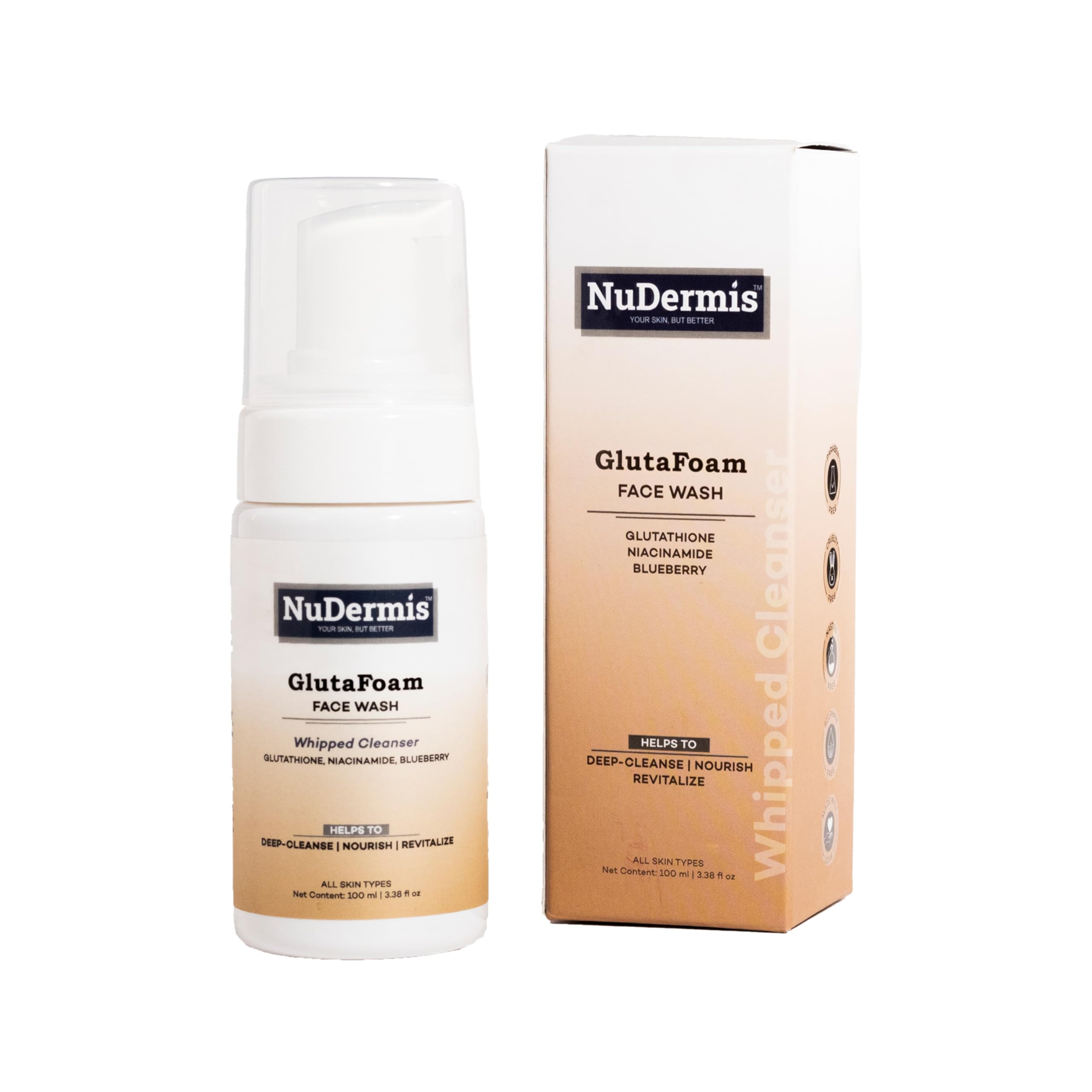 whipped glutathione cleanser NuDermis GlutaFoam – Brightening | Glutathione, Niacinamide, Blueberry Extract & Antioxidants | Even-Toned Healthy Skin | Sulphate & Paraben Free Mildly acidic formula Glutathione treatment for face promobacktoschool Electrolyte Flavour:Yuzu