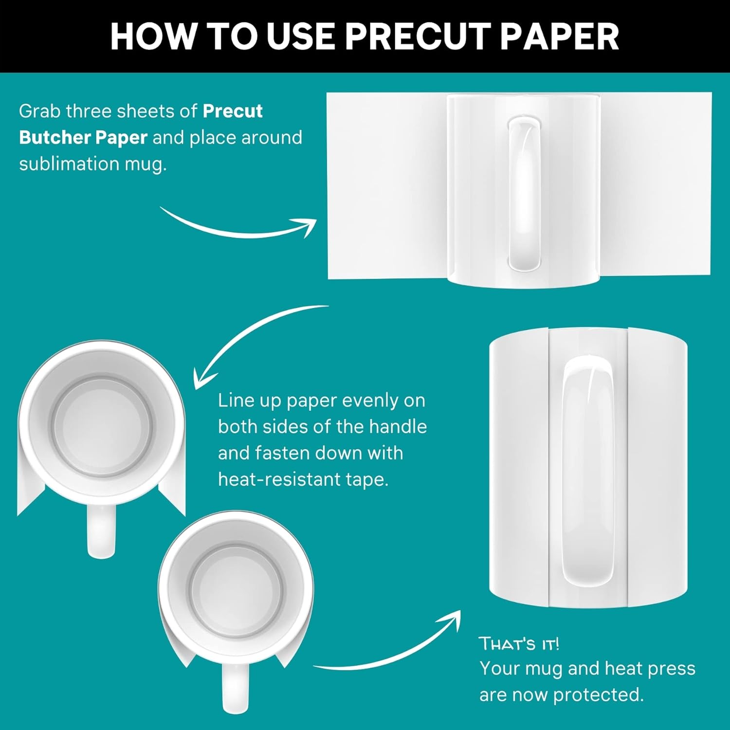 Precut Butcher Paper for Sublimation, Heat Press - 11 & 12 oz Mugs, No Cutting, No Waste, No Hassle, Protects Mug Press from Ink Burns Up to 400 Degrees - Unwaxed, Uncoated, Made in USA, 200 Sheets