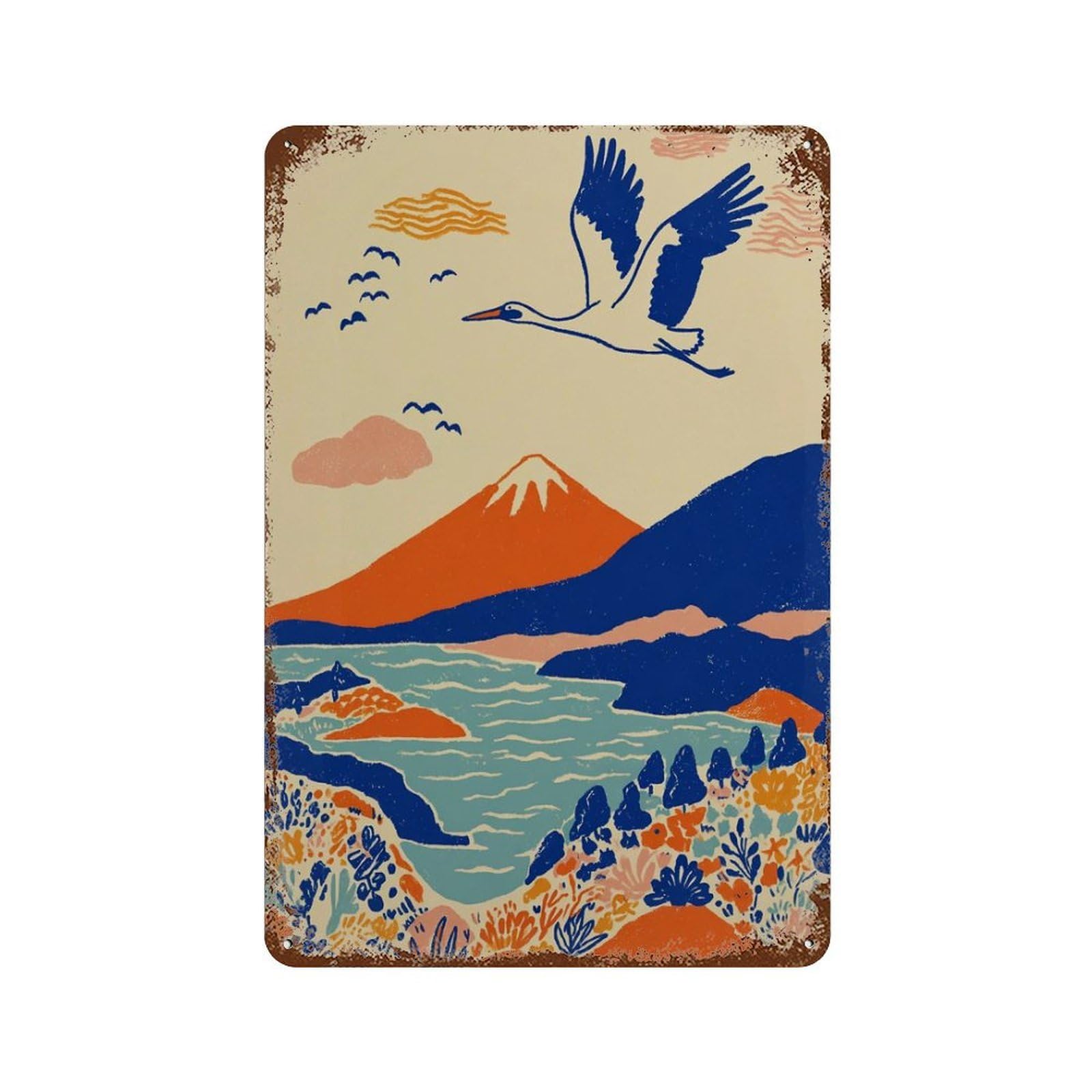 xiaoxiaoshen Japanese Crane Mountain Sun And Lake Landscape Graphic Style Vertical Nature Pap Wall Decor Art Metal Tin Poster Modern Home Decor Art Home Bar Shop Decorations Vintage Sign 30x20cm
