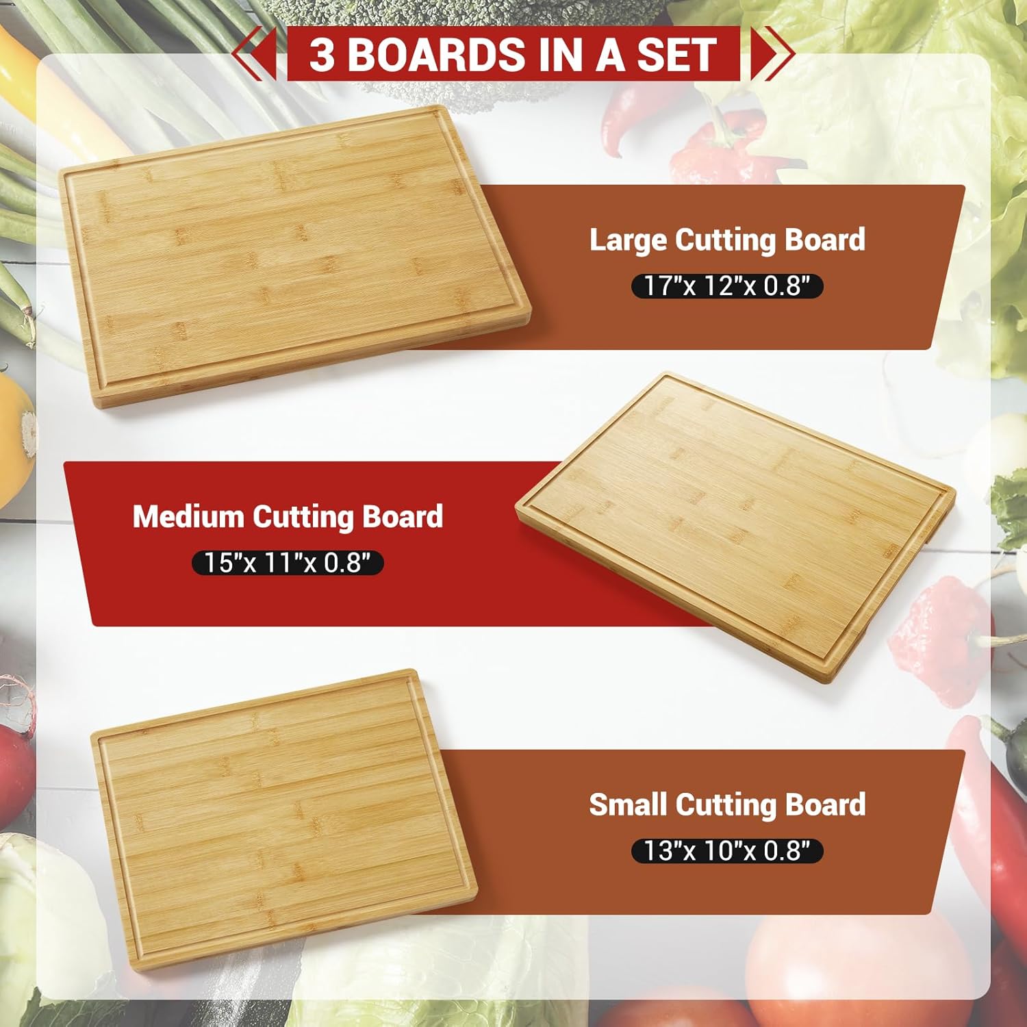 Bamboo Cutting Board Set of 3, Wooden Chopping Board Set with Holder, Deep Juice Groove and Inner Handles for Meat, Vegetables, Fruit