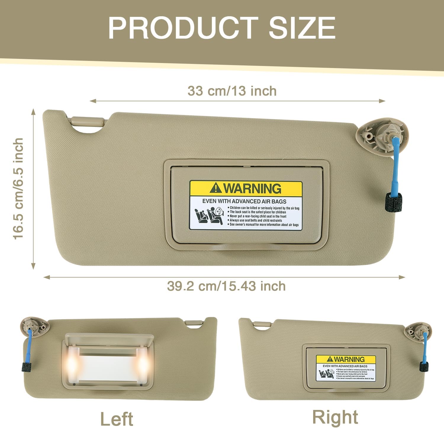 Sun Visor Pair for 2008-2017 Honda Accord - Driver & Passenger Side Replacement (Beige Color) - with Vanity Light (Illuminated) - Replaces# 83280-TA0-A91ZB - Includes Clips & Instructions
