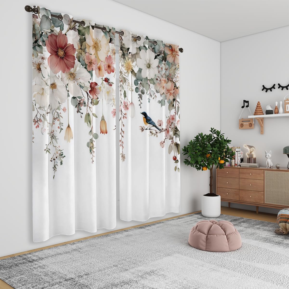 Floral Bird Curtain, Watercolor Flowers Spring Farmhouse, Grommet Curtains for Kitchen Window or Compact Entry Space, 42 x 45 Inch, Thermal Insulated Darkening Drapes