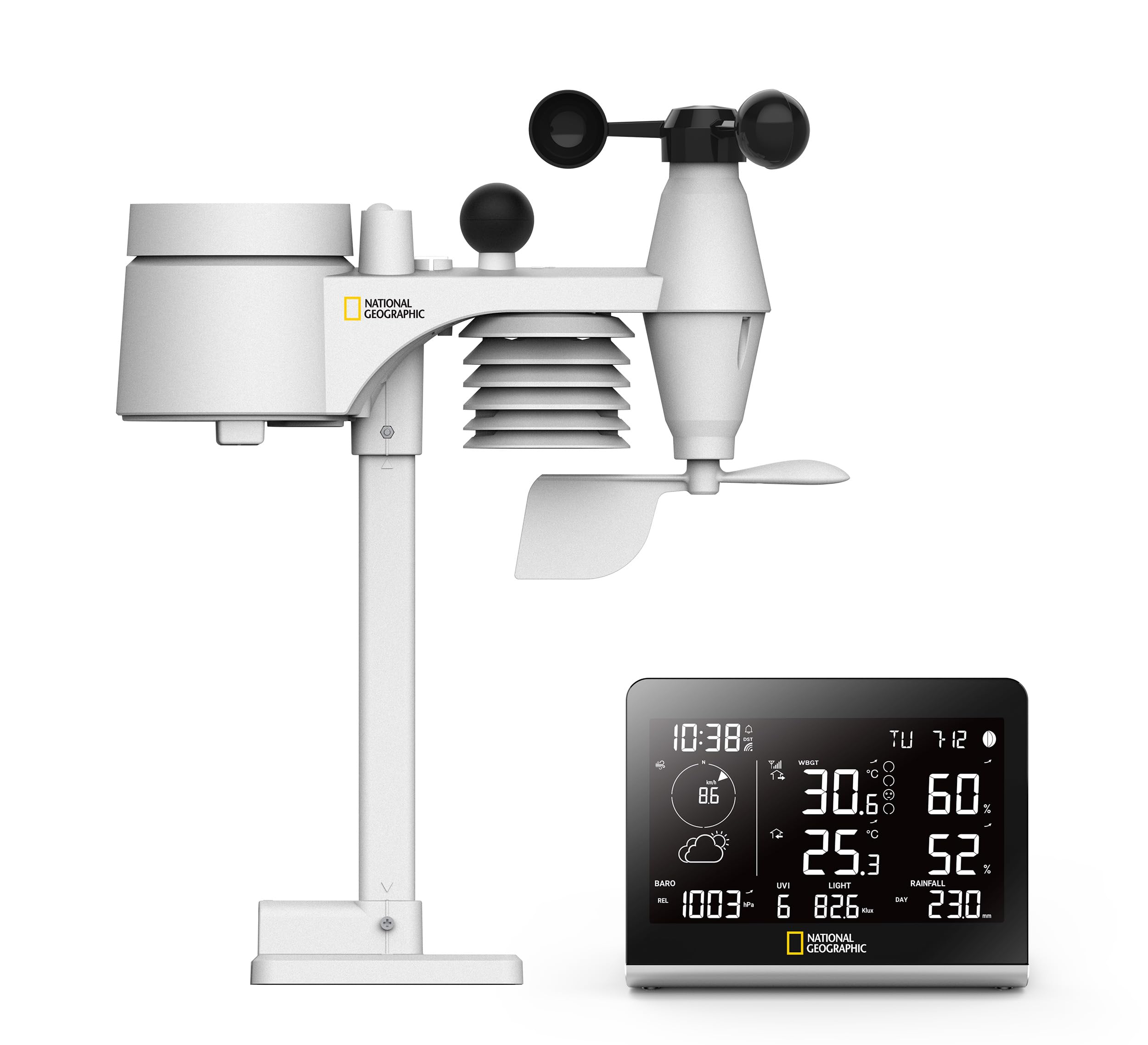 National Geographic Funkwetterstation SC mit 8-in-1-Außensensor, Farbwechsel-Display, Temperatur, Luftfeuchtigkeit, Windmesser, Regenmesser, UV, WBGT | Innen und Außentemperatur, Luftfeuchtigkeit, Regenmesser, Windmesser, Luftdruck, UV, Lichtintensität, W