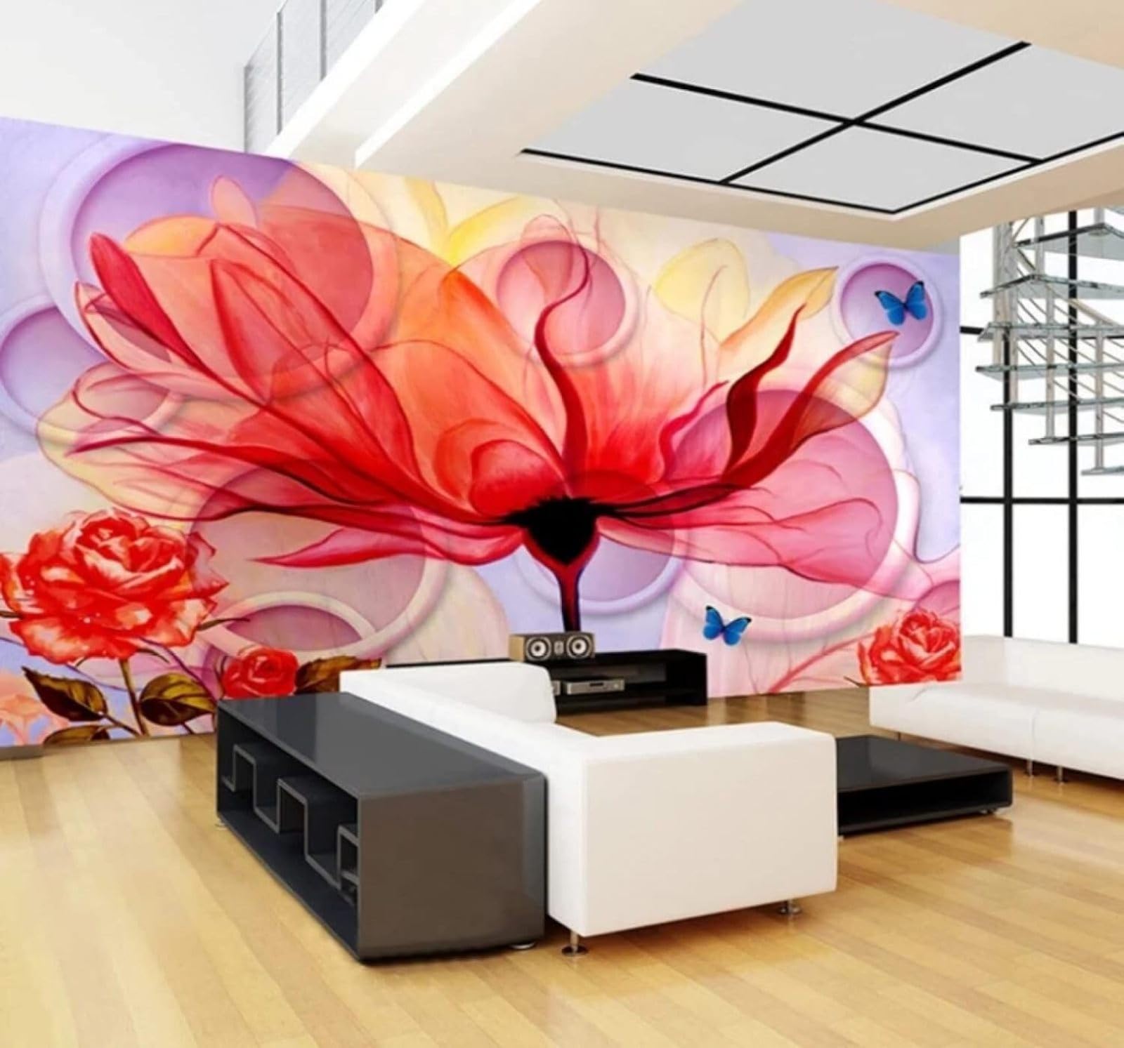 XLMING Abstract Beautiful Flowers Butterflies Circles 3D Wallpaper Luxury Silk Study Dining Feature Sofa Grey Bedroom Living Room Tv Decorative Wall-150cm×105cm
