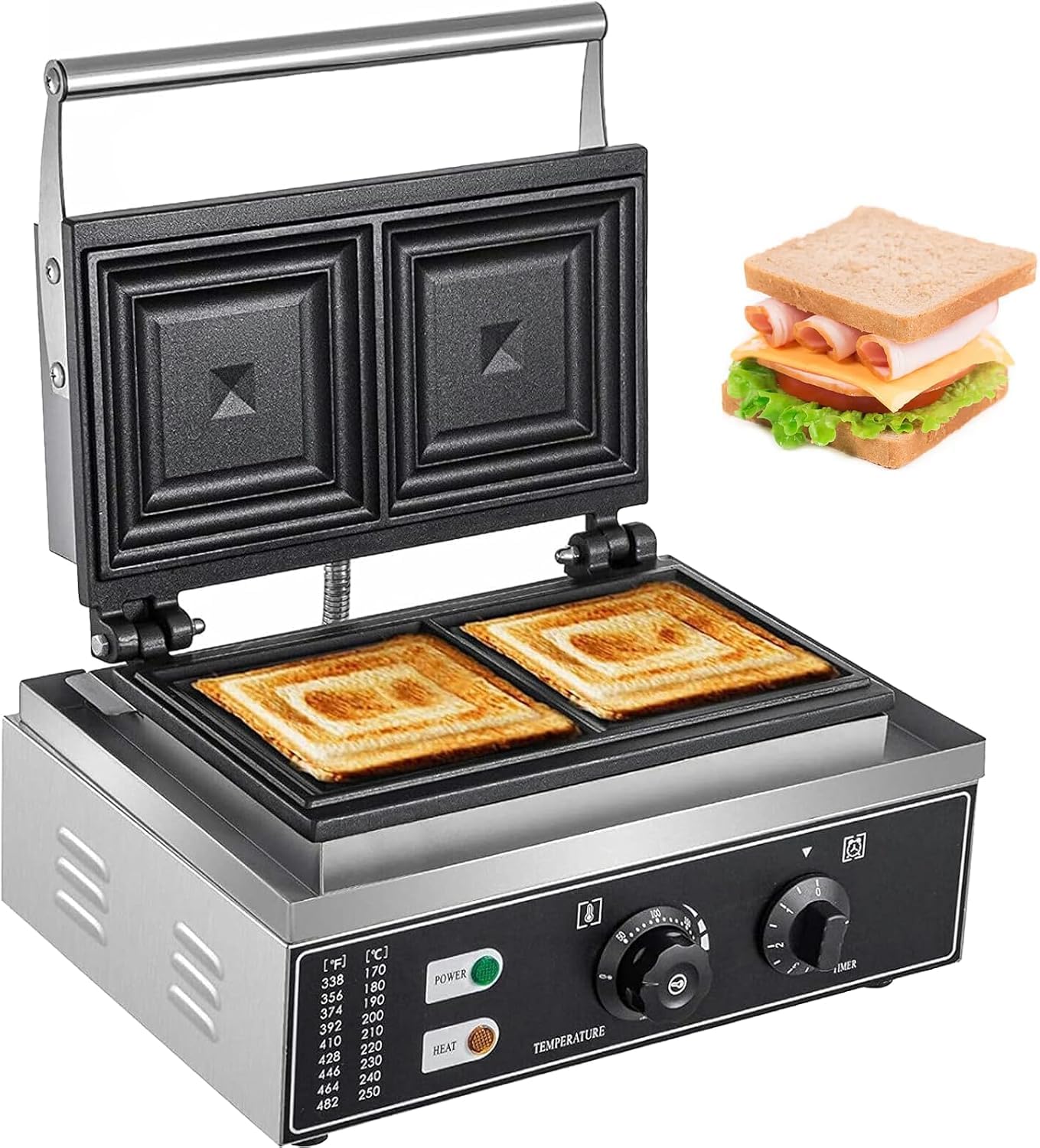 Eiwitany Commercial Electric Sandwich Maker Grill, Manual Temperature Controller and Timer, Ideal for Panini, Burger and Sandwich Making
