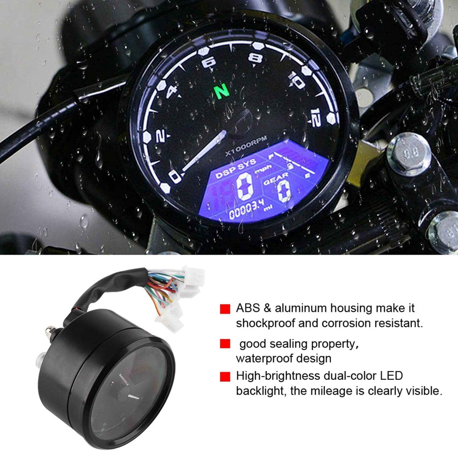 Contagiri Digitale per Moto, Contachilometri Digitale Retroilluminato a LED per Moto 12000 Giri/min