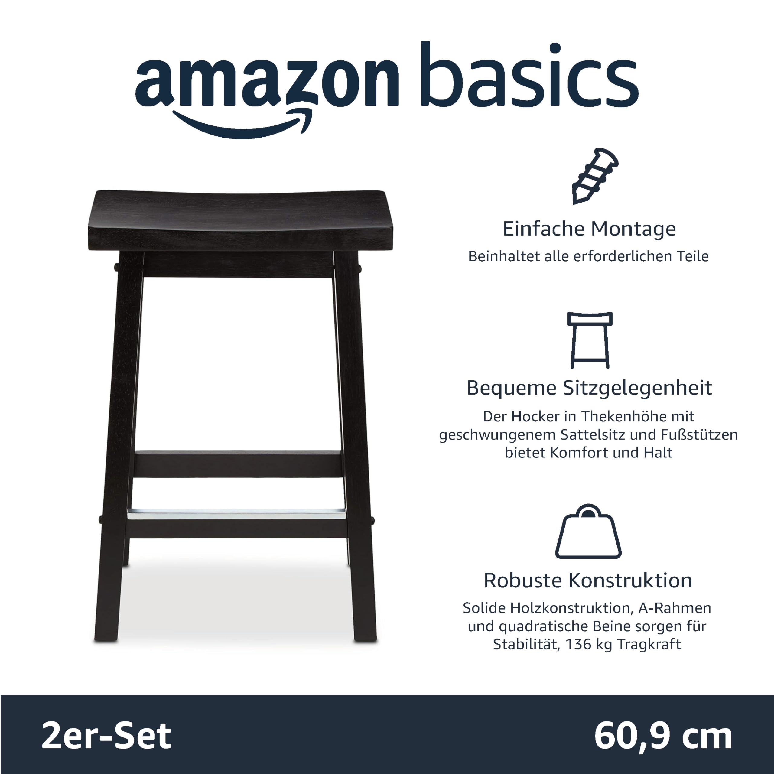Amazon Basics Küchenhocker aus Massivholz, niedriger Barhocker, Esszimmerstuhl, einfache Montage, modern, 2 Stück, 61 cm hoch, Schwarz