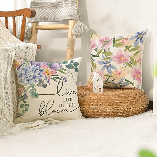Miniatura 2 de AVOIN colorlife Juego de 4 fundas de almohada a cuadros con diseño de flores de primavera, 18 x 18 pulgadas, diseño de vida en plena floración, para