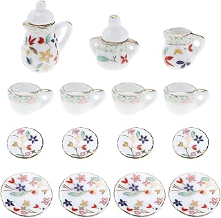 15Pcs 1:12 Mini Porcelain Flower Tea Cup Set Miniature Simulation Furniture Set Mini Flower Pattern Teapot Cup Plates Set Accessories for Doll House Decor