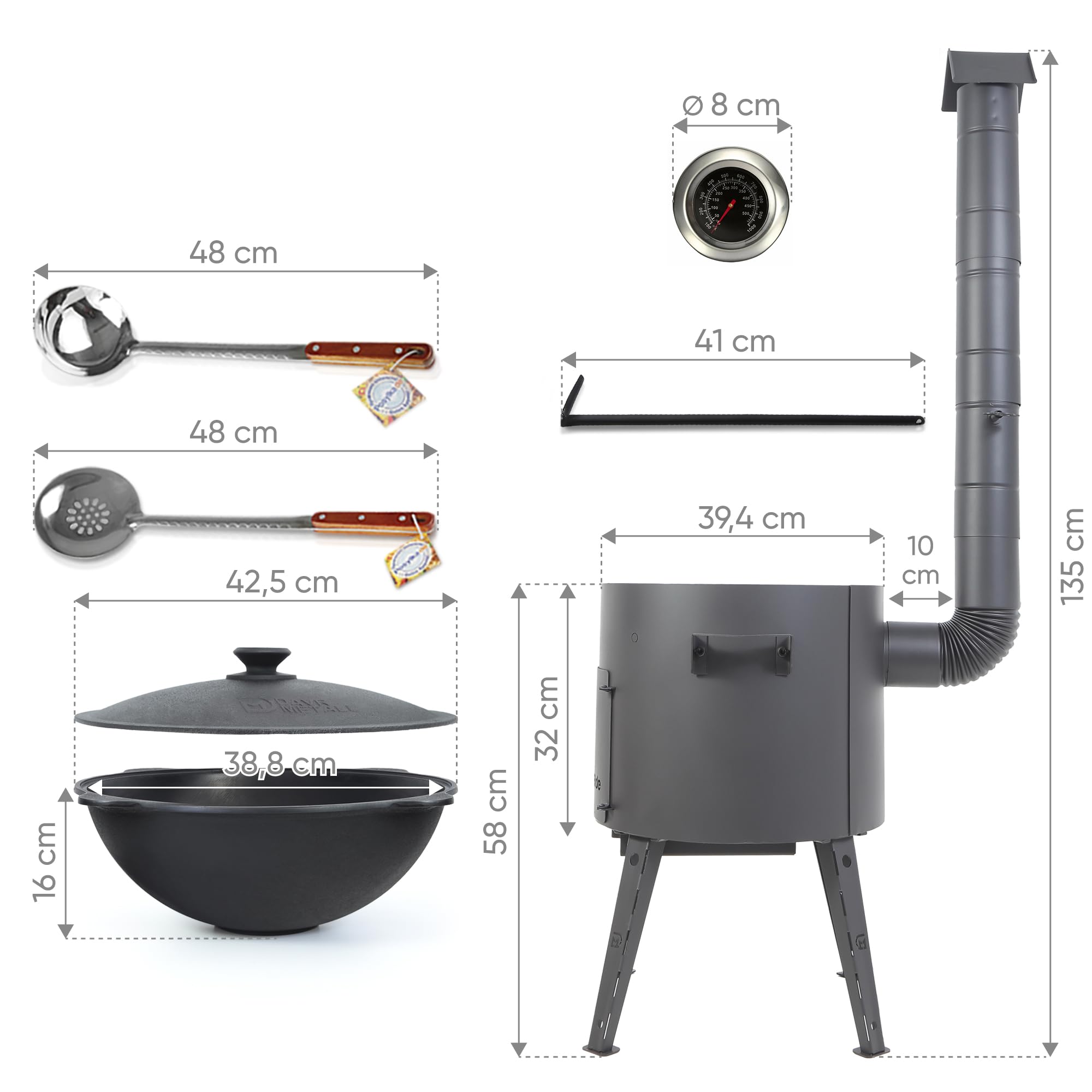 Utschak Uchag - Horno de fuego de 40 cm de diámetro, 2 mm, acero con kazan uzbeko de 12 l, cucharón y cucharón para Plov 48 cm Казан Учаг Kazan Asia (Set 3)