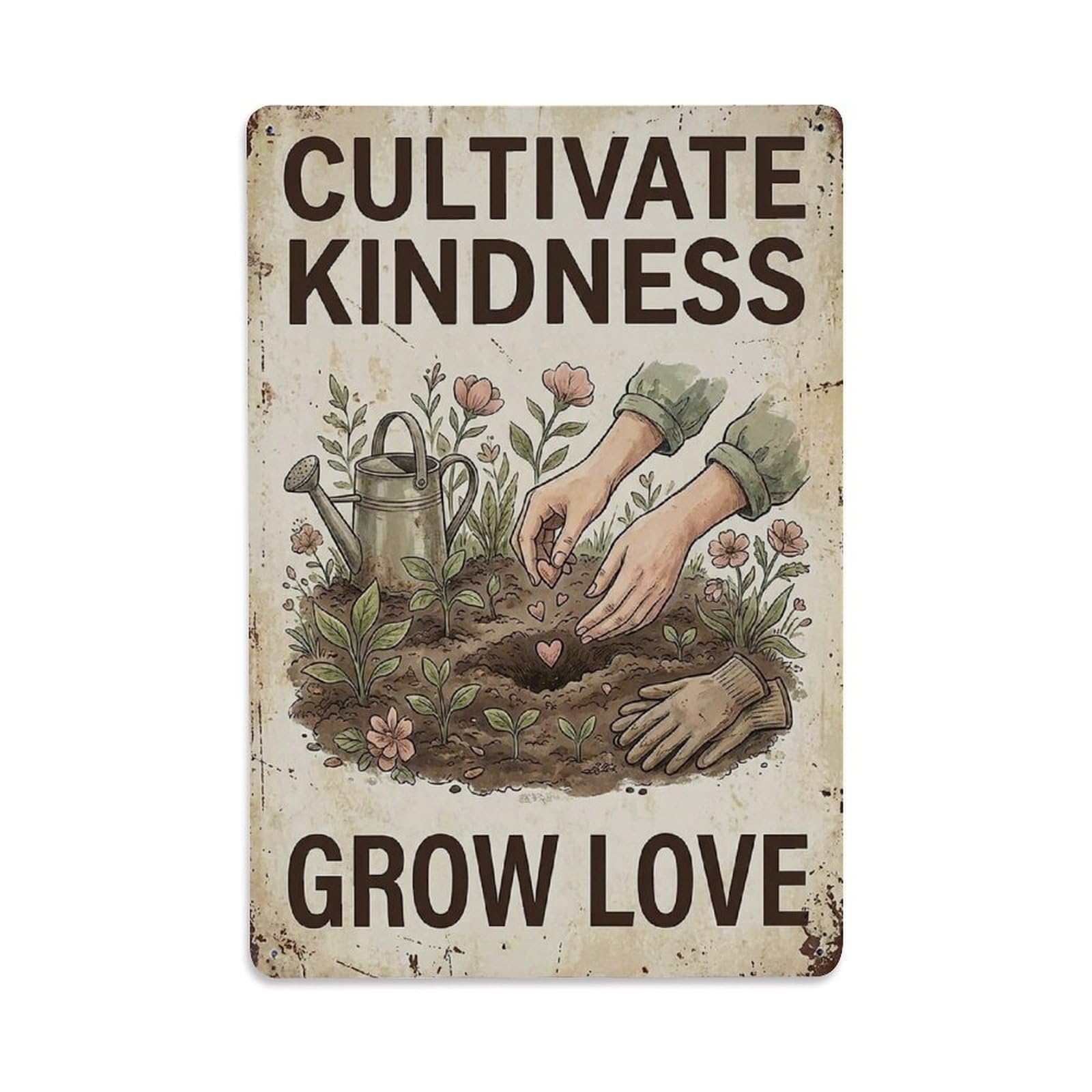 Comic Nature Flower Quote Kindness Grow Love Vintage Metal Tin Sign Plaque Wall Decor for Cafe, Man Cave, Club Bar, Office, Home Garden Round Metal Poster 8x12Inch