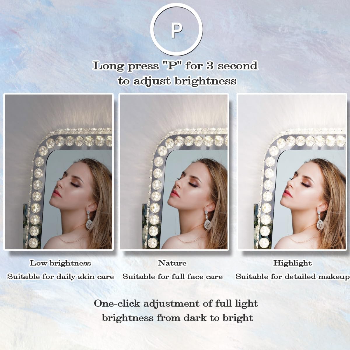 Hollywood Crystal Vanity Mirror with Lights 3 Color Changing Dimmable 360° Rotation Diamond Rectangle Large Crystal Lighted Makeup Mirror for Tabletop Desk Makeup Vanity Mirror with Lights
