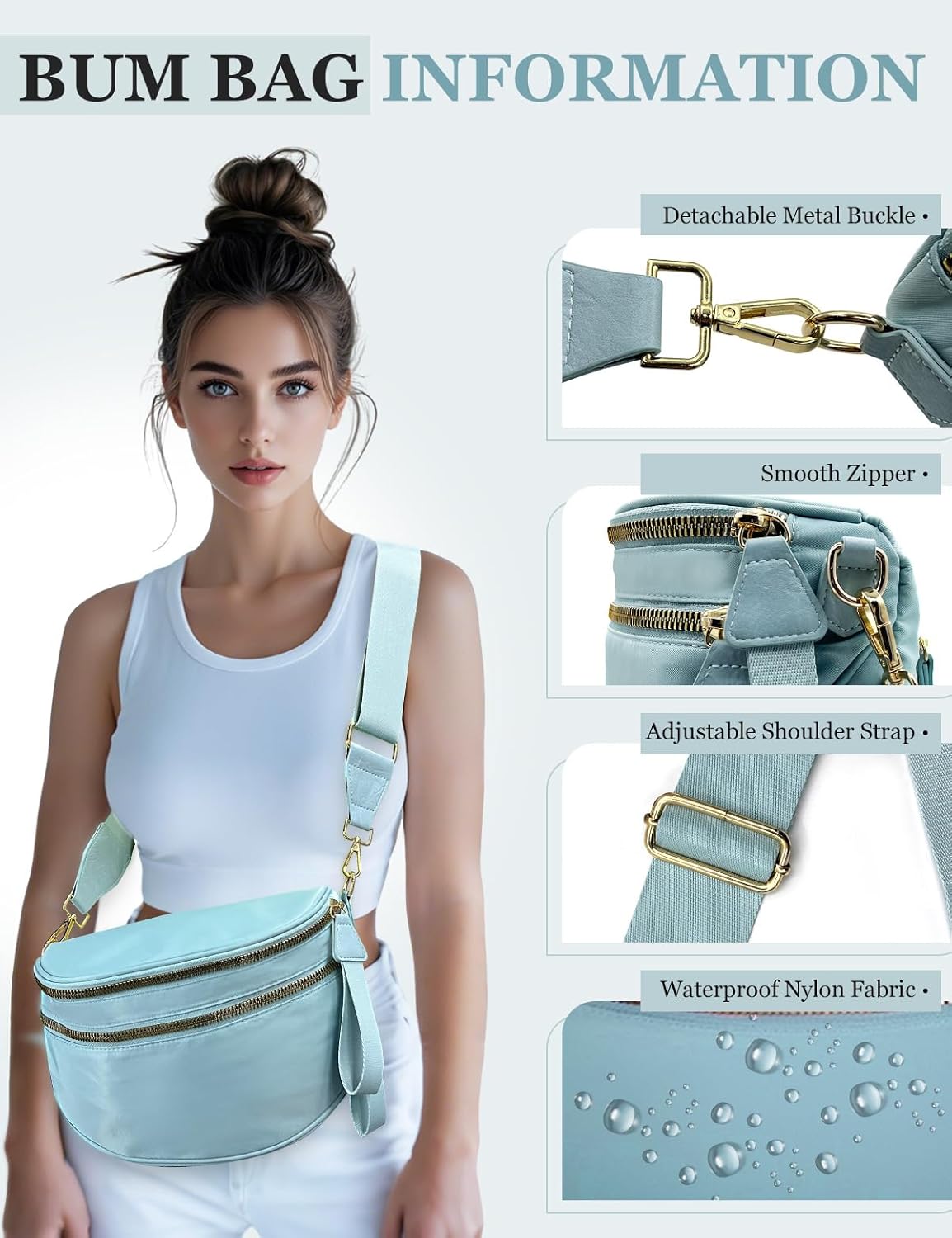 Bum Bags for Women Nylon Crossbody, Spacious Fanny Packs Belt Bag Large Sling Bag with Adjustable Strap (Blue) - Image 4